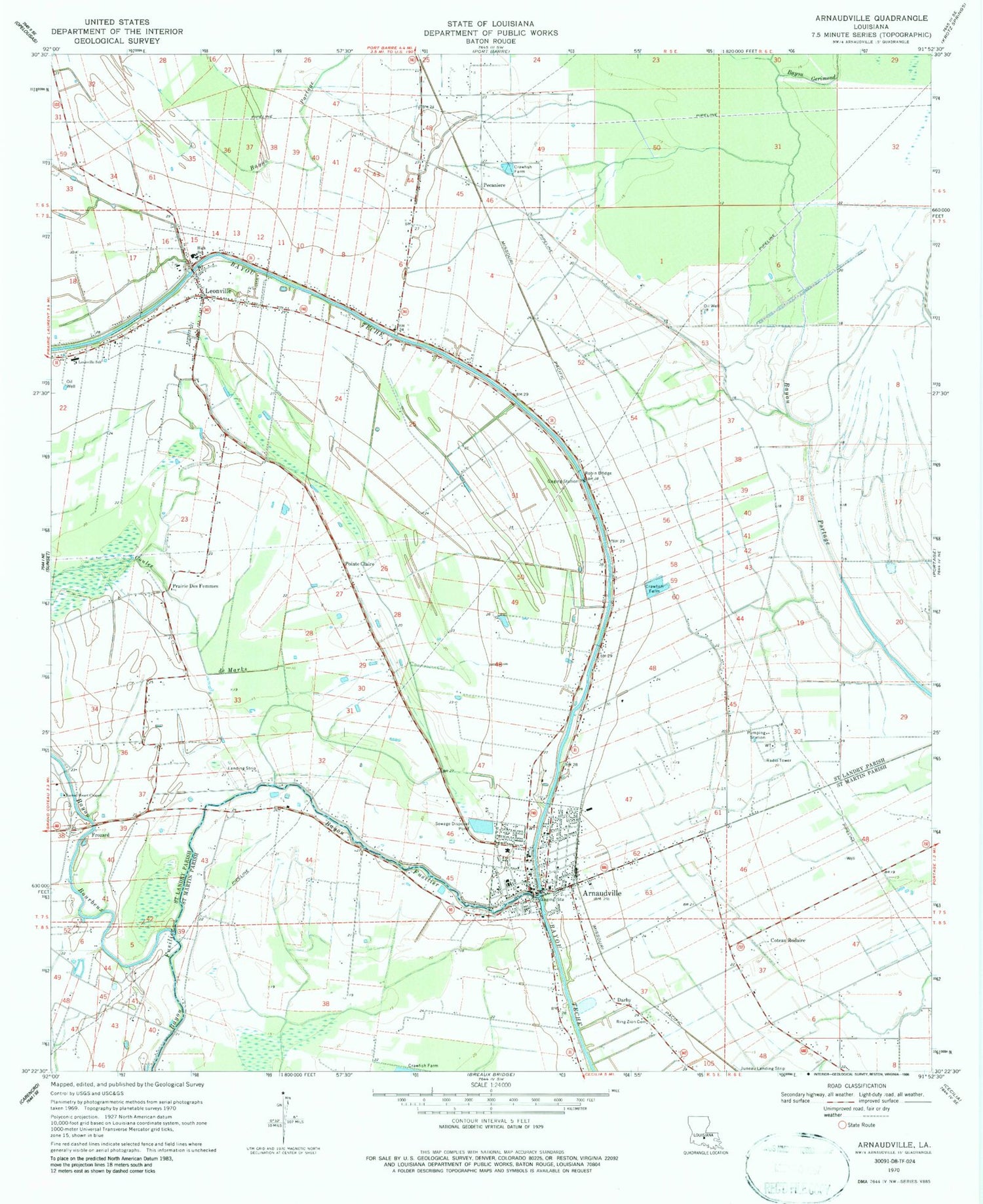 Classic USGS Arnaudville Louisiana 7.5'x7.5' Topo Map Image