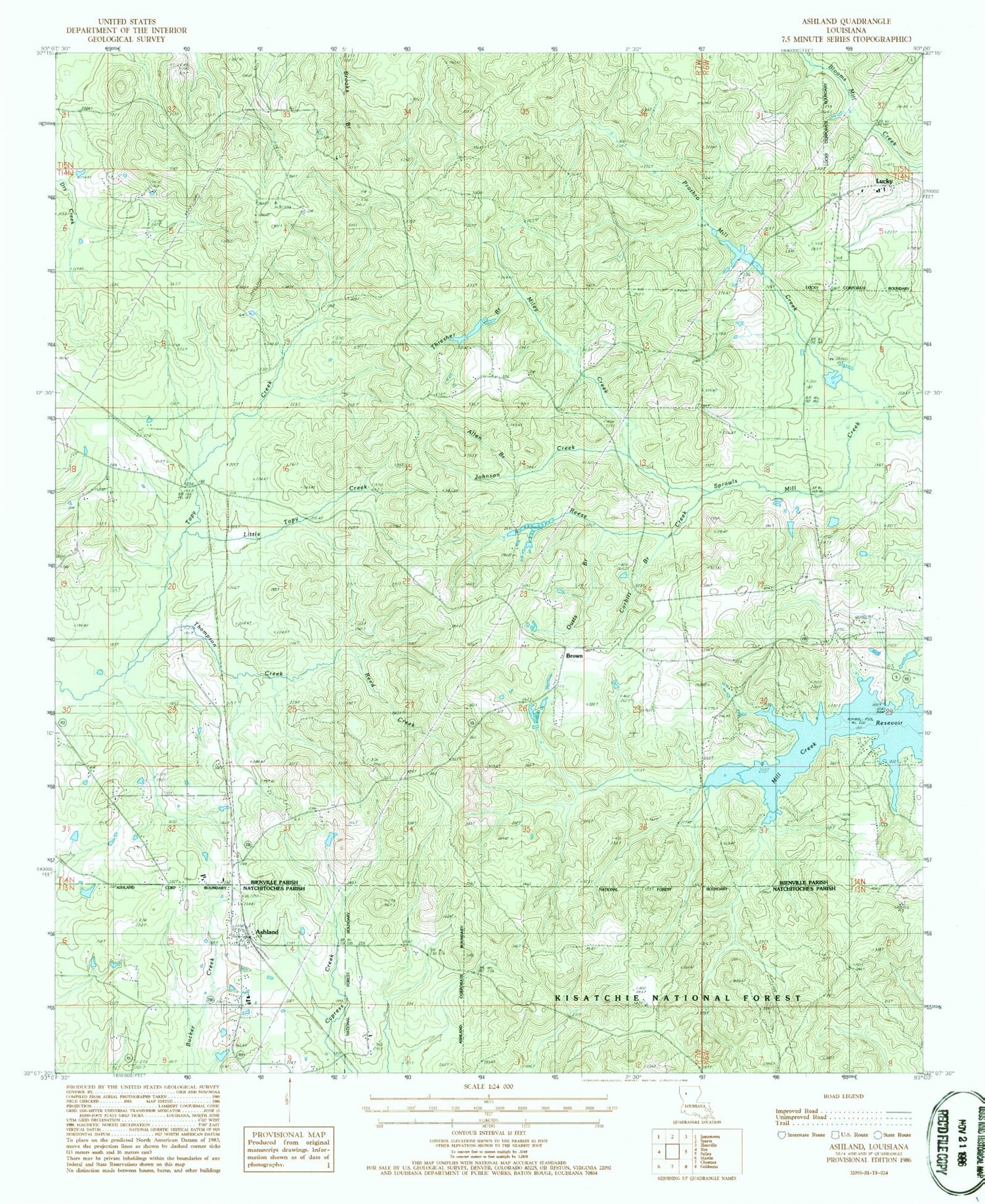 Classic USGS Ashland Louisiana 7.5'x7.5' Topo Map Image