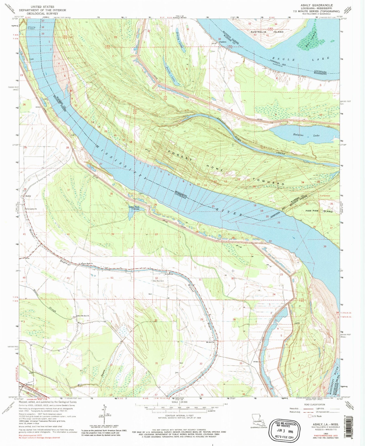 Classic USGS Ashly Louisiana 7.5'x7.5' Topo Map Image