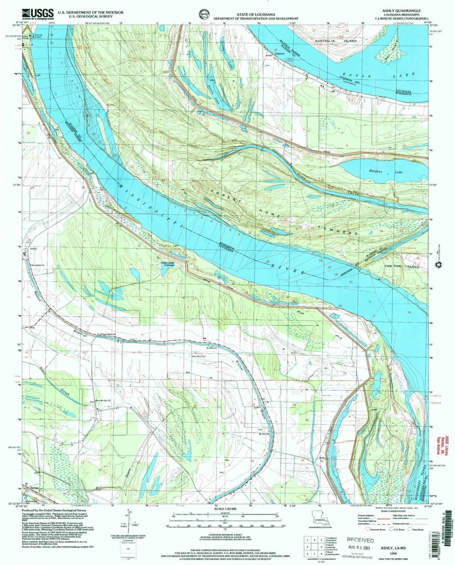Classic USGS Ashly Louisiana 7.5'x7.5' Topo Map Image