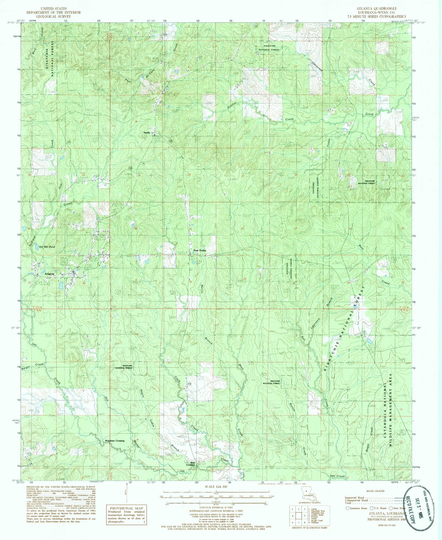 Classic USGS Atlanta Louisiana 7.5'x7.5' Topo Map Image