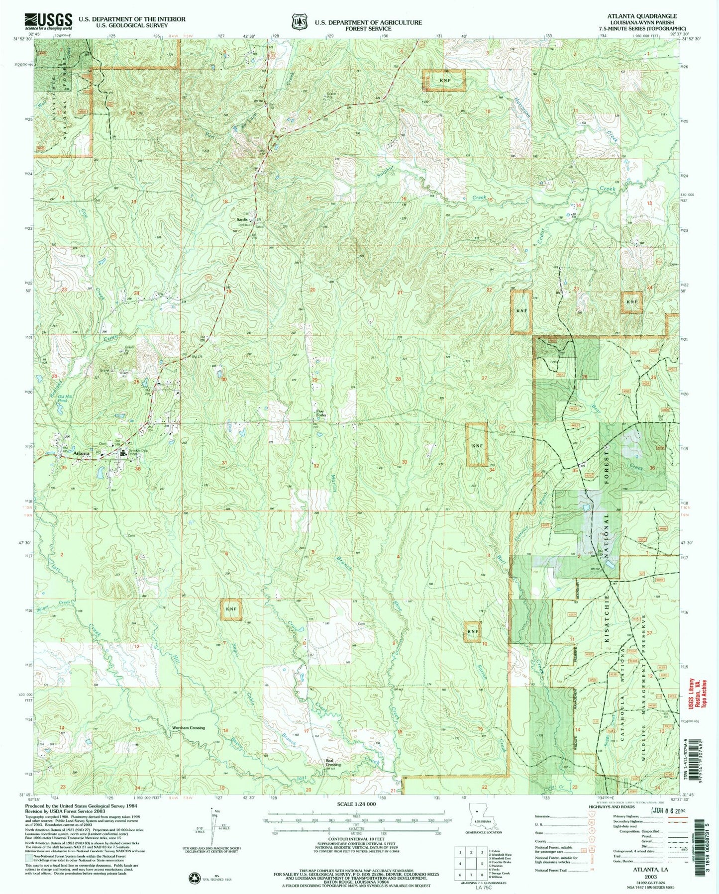 Classic USGS Atlanta Louisiana 7.5'x7.5' Topo Map Image