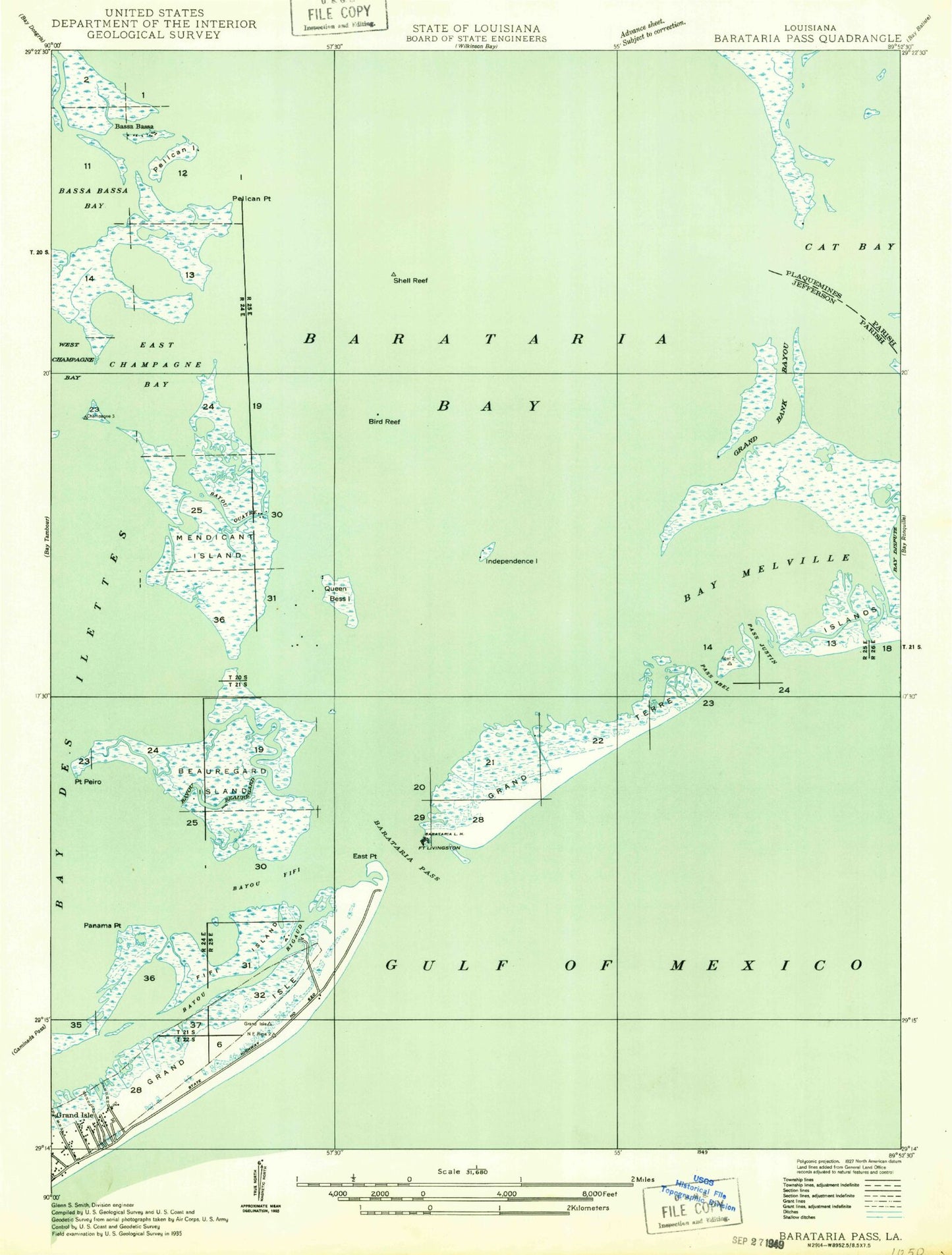 Classic USGS Barataria Pass Louisiana 7.5'x7.5' Topo Map Image