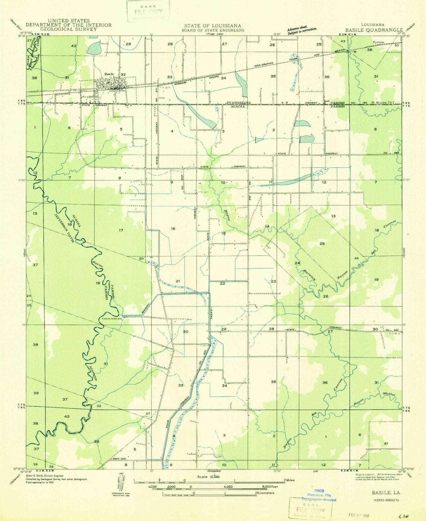 Classic USGS Basile Louisiana 7.5'x7.5' Topo Map Image