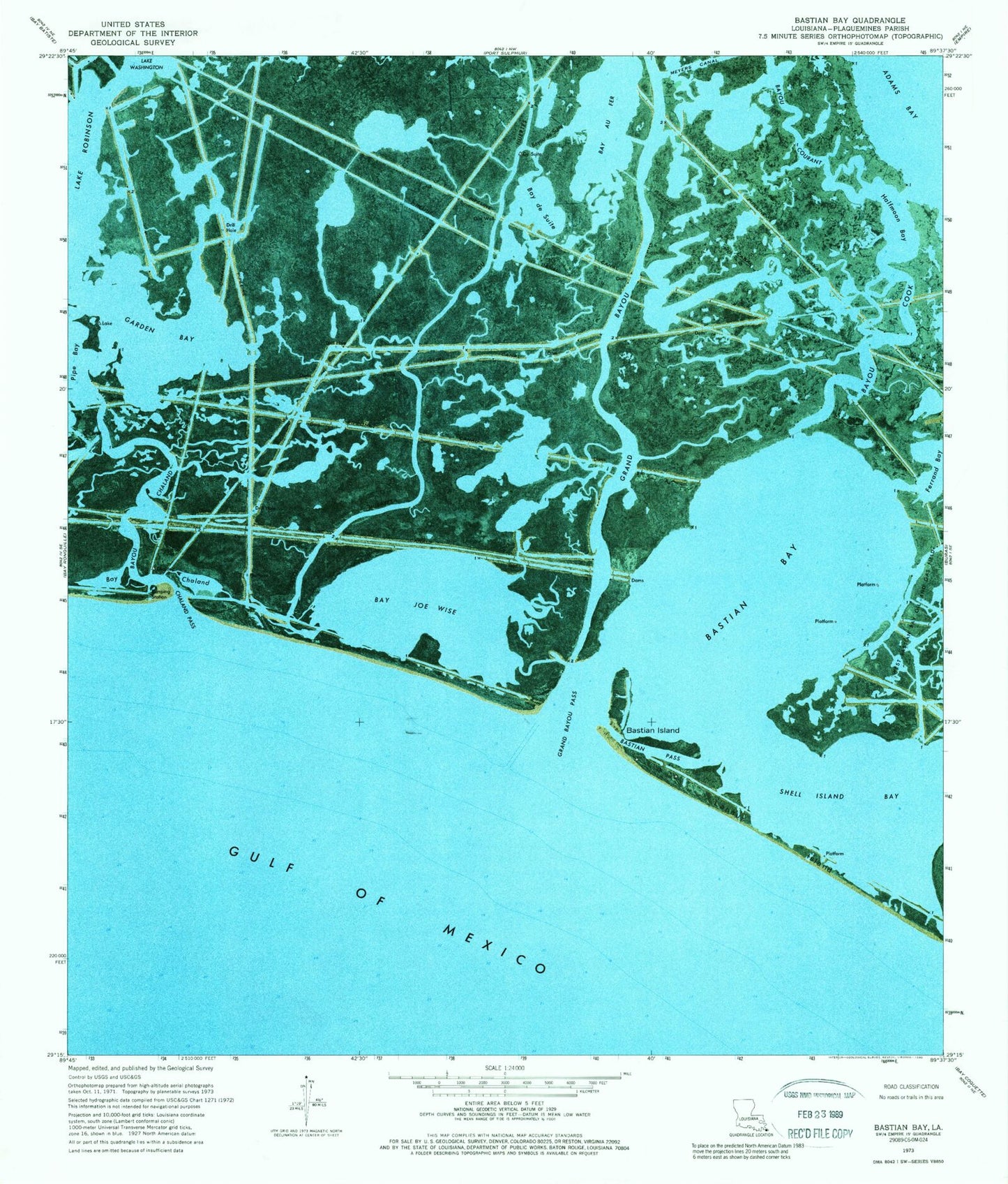 Classic USGS Bastian Bay Louisiana 7.5'x7.5' Topo Map Image