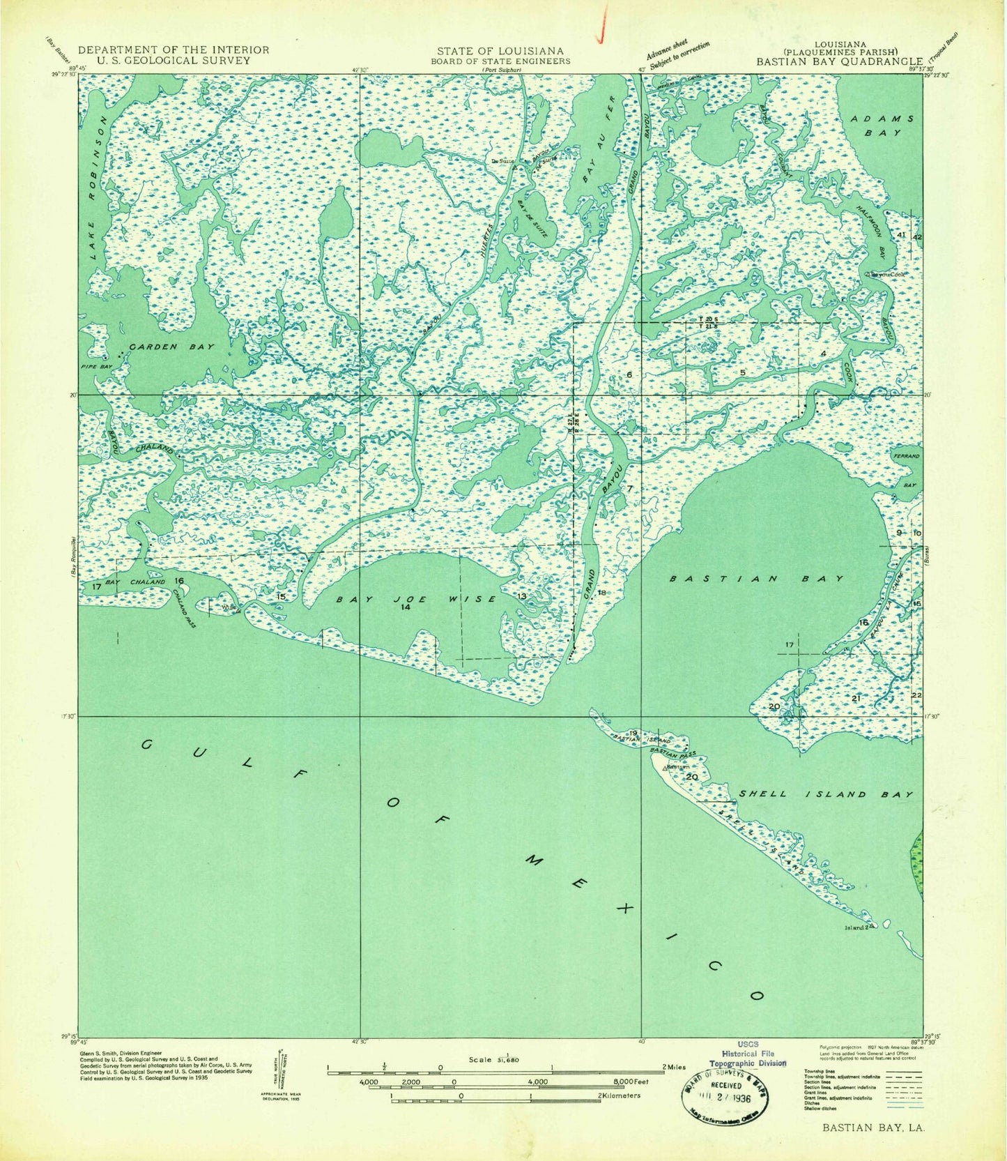 Classic USGS Bastian Bay Louisiana 7.5'x7.5' Topo Map Image