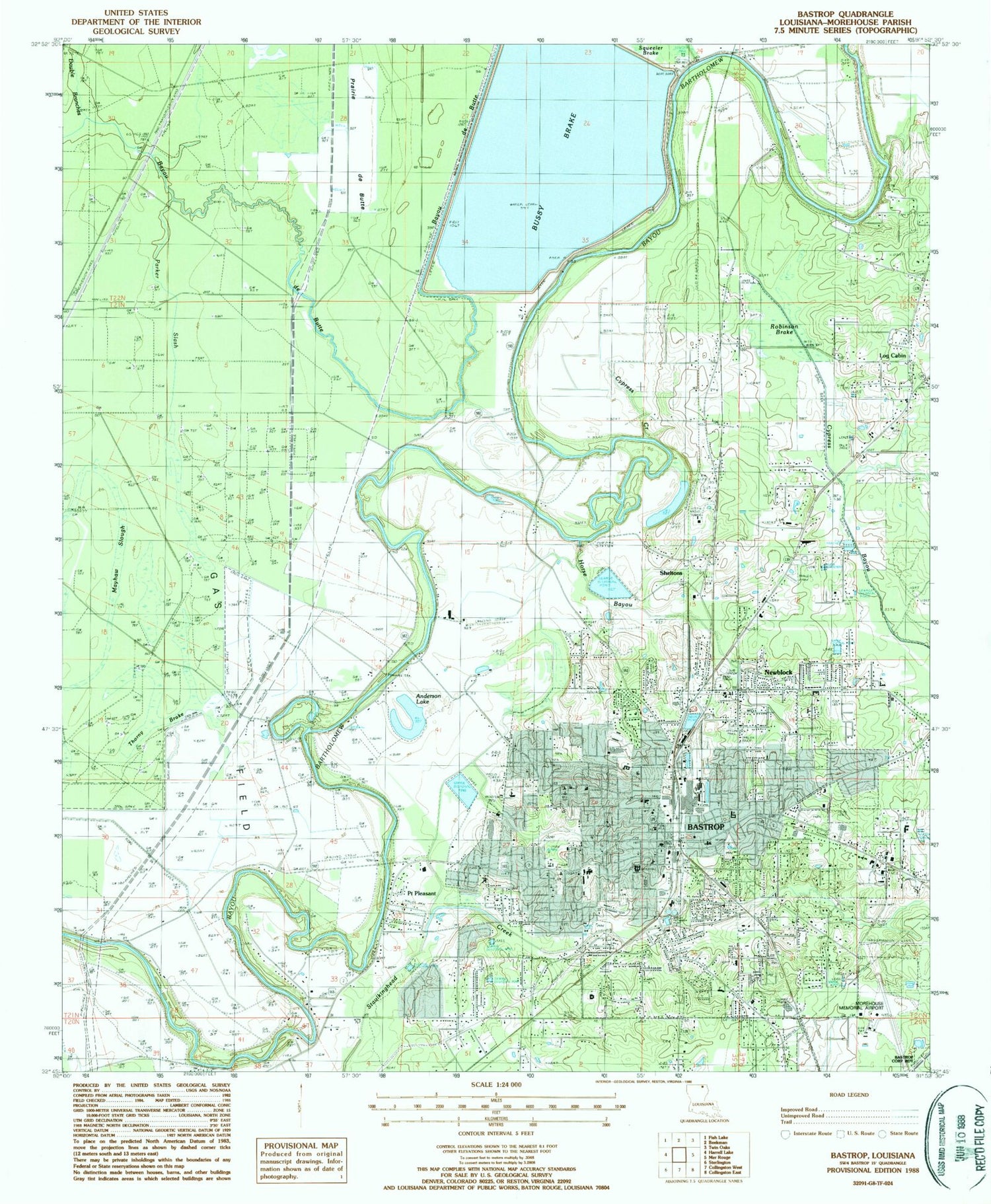 Classic USGS Bastrop Louisiana 7.5'x7.5' Topo Map Image