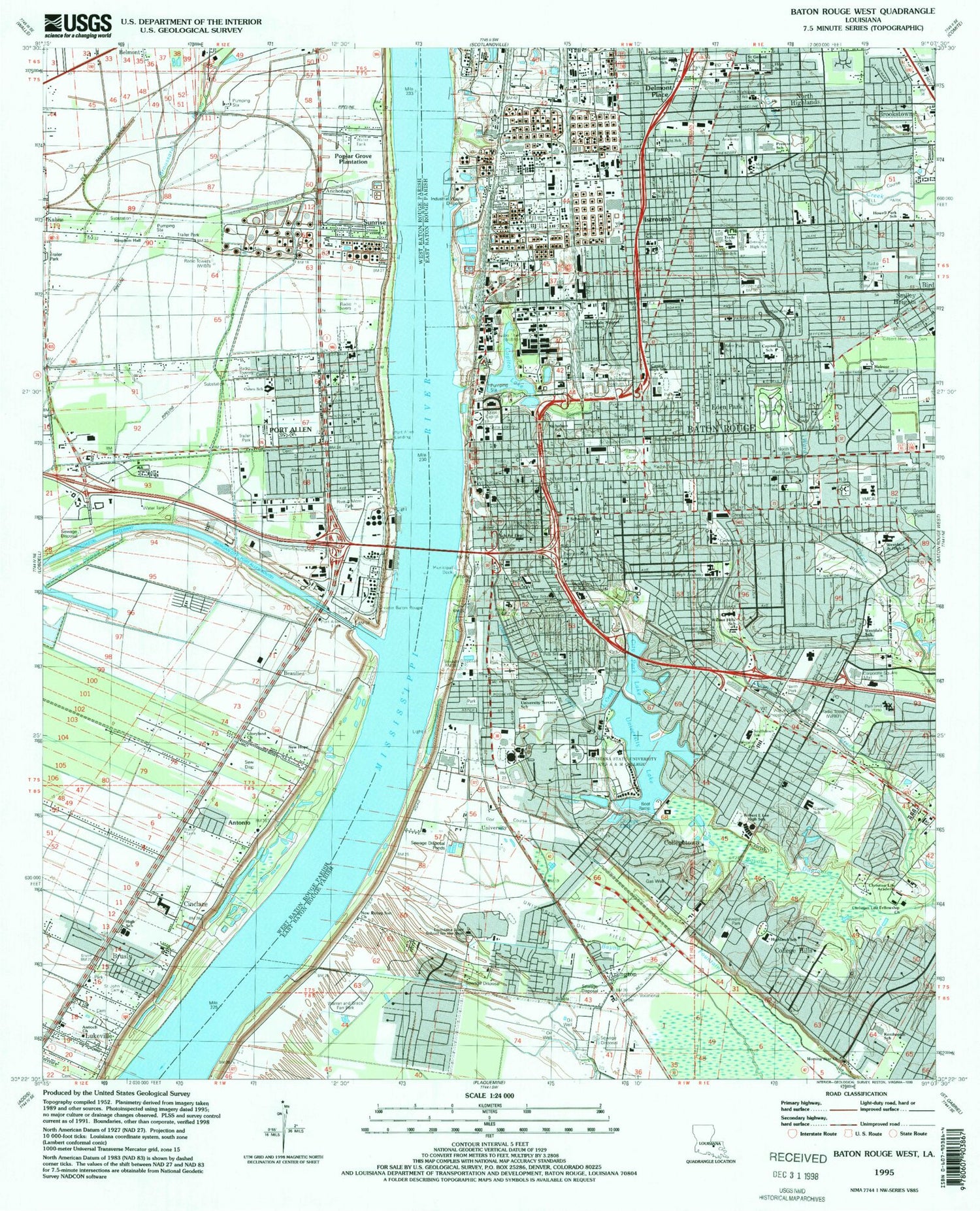 Classic USGS Baton Rouge West Louisiana 7.5'x7.5' Topo Map Image