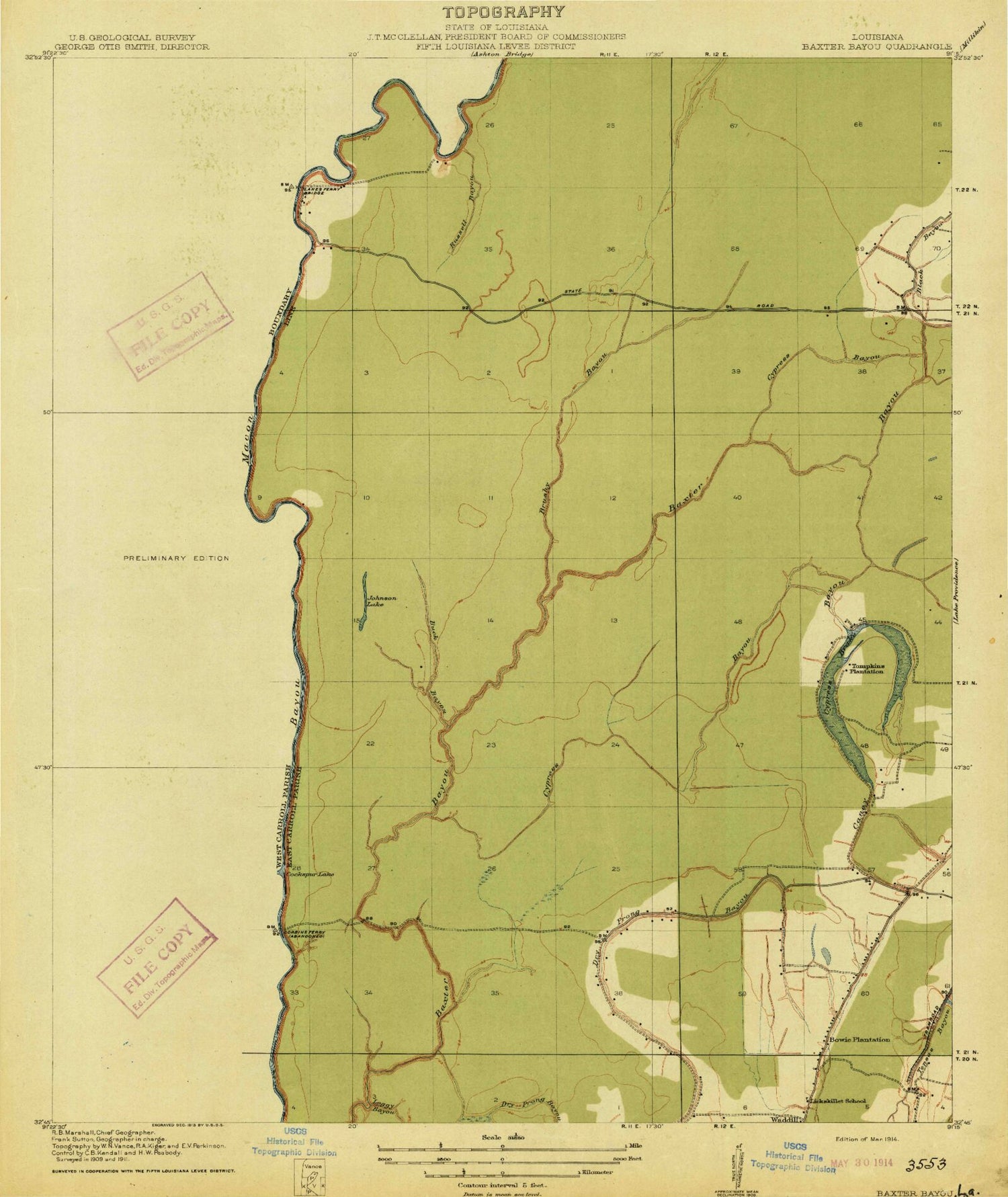 Classic USGS Baxter Bayou Louisiana 7.5'x7.5' Topo Map Image