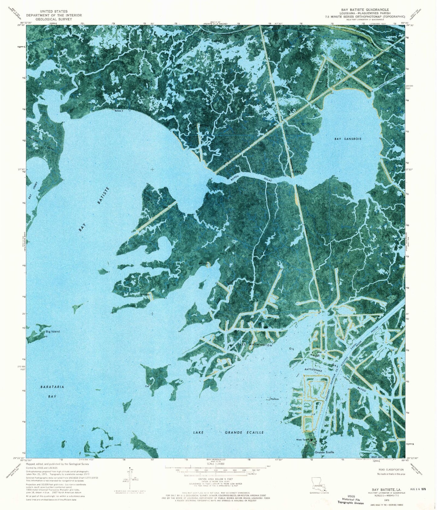 Classic USGS Bay Batiste Louisiana 7.5'x7.5' Topo Map Image
