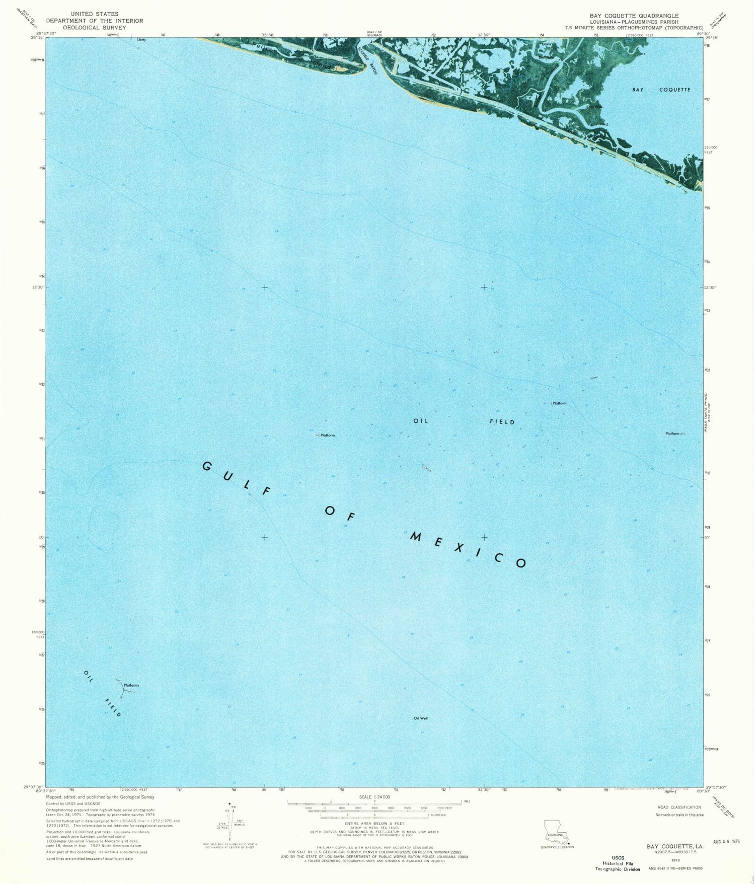 Classic USGS Bay Coquette Louisiana 7.5'x7.5' Topo Map Image
