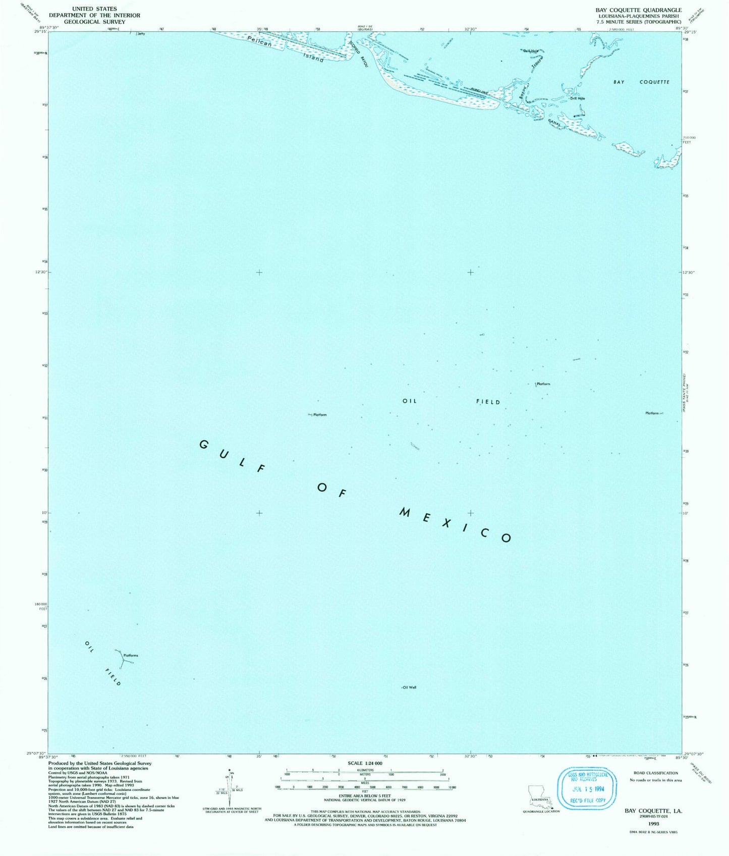 Classic USGS Bay Coquette Louisiana 7.5'x7.5' Topo Map Image