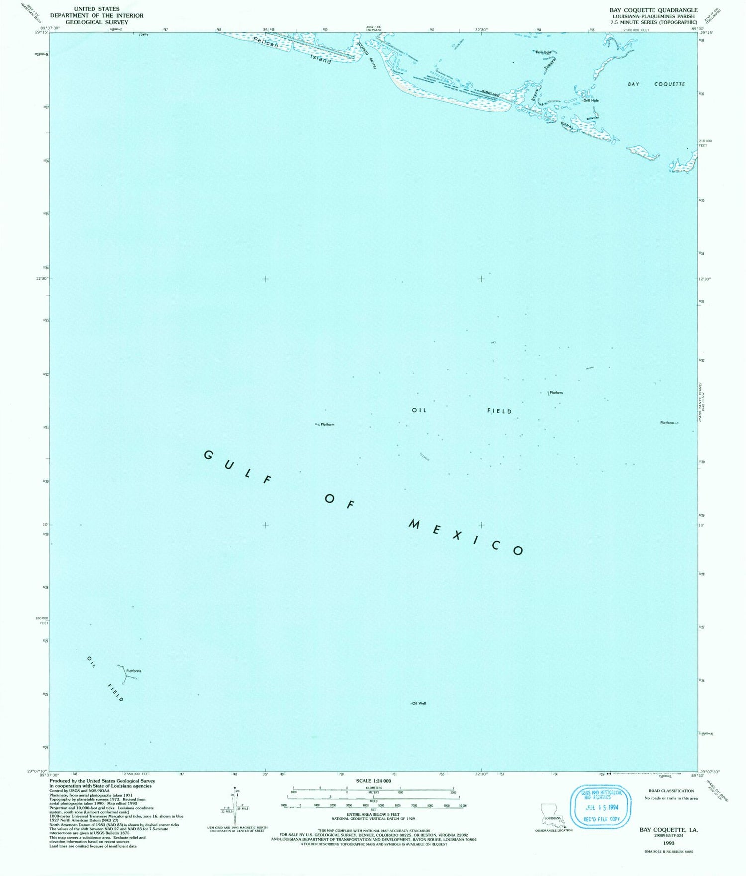 Classic USGS Bay Coquette Louisiana 7.5'x7.5' Topo Map Image