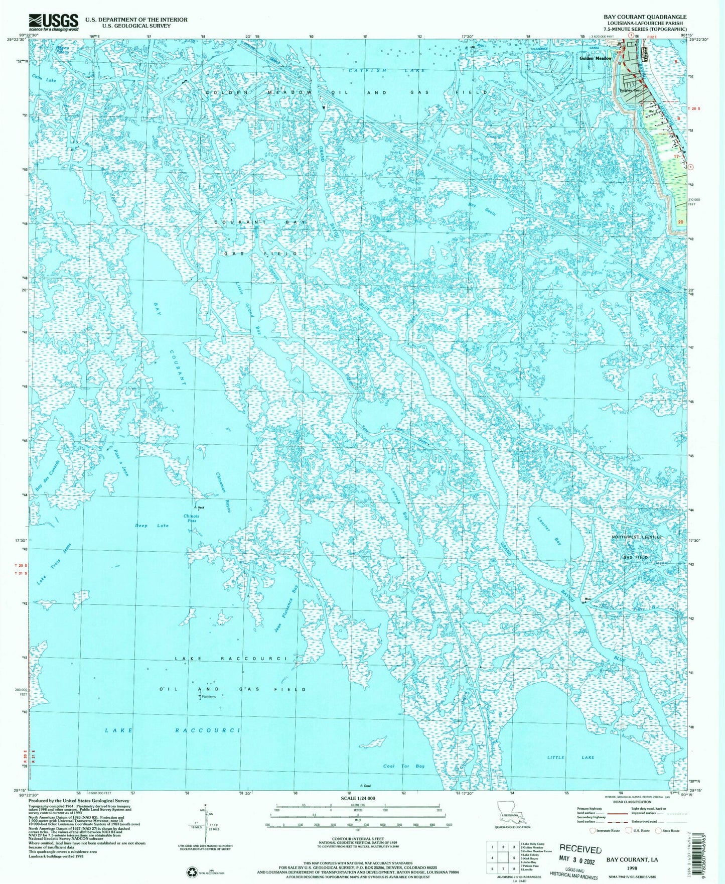 Classic USGS Bay Courant Louisiana 7.5'x7.5' Topo Map Image