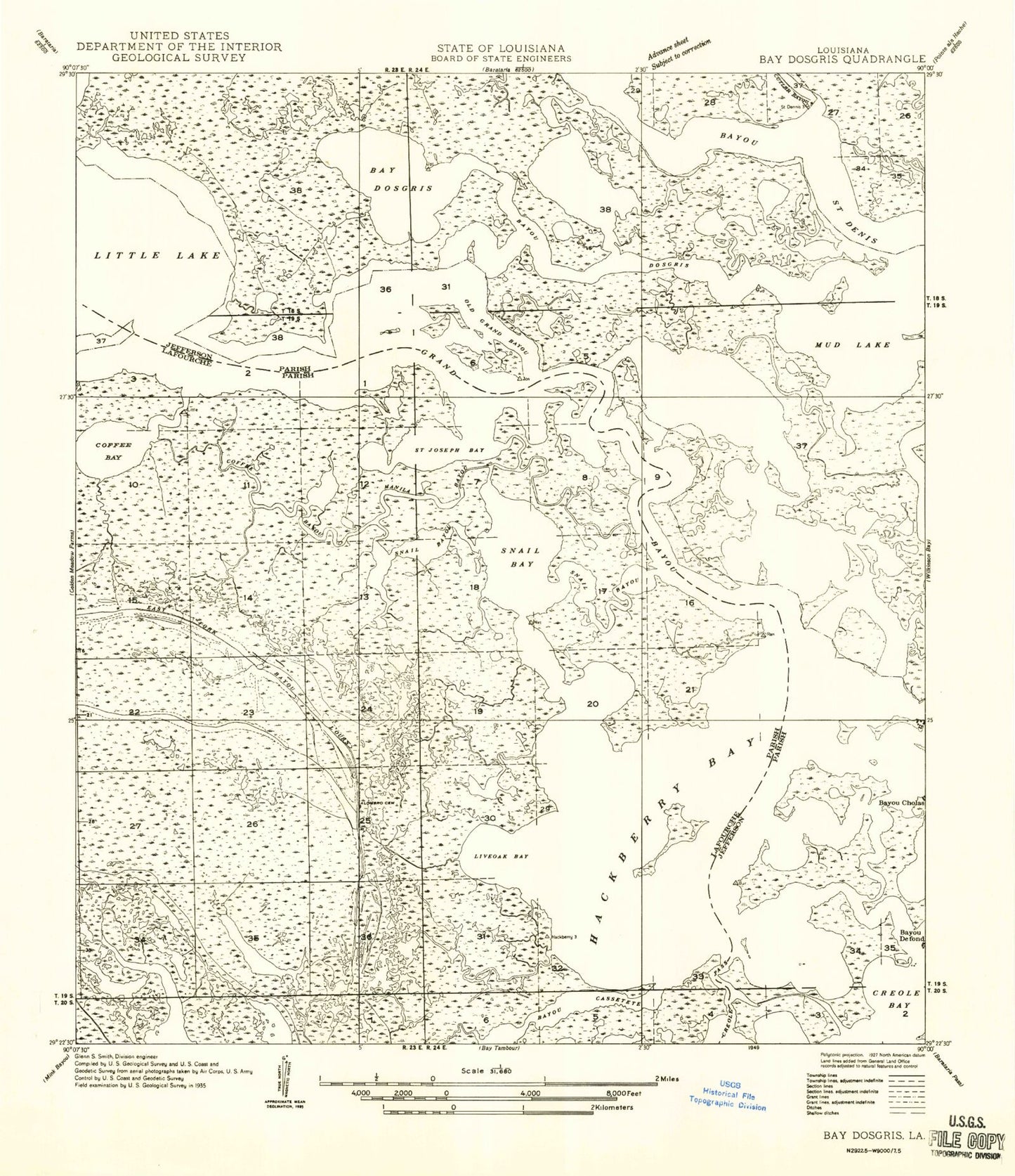 Classic USGS Bay Dosgris Louisiana 7.5'x7.5' Topo Map Image