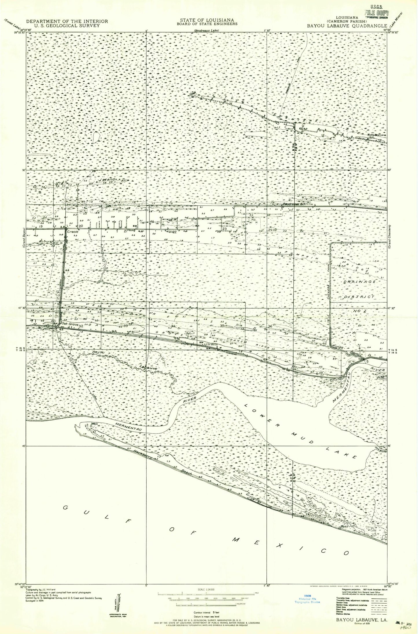 Classic USGS Creole Louisiana 7.5'x7.5' Topo Map Image