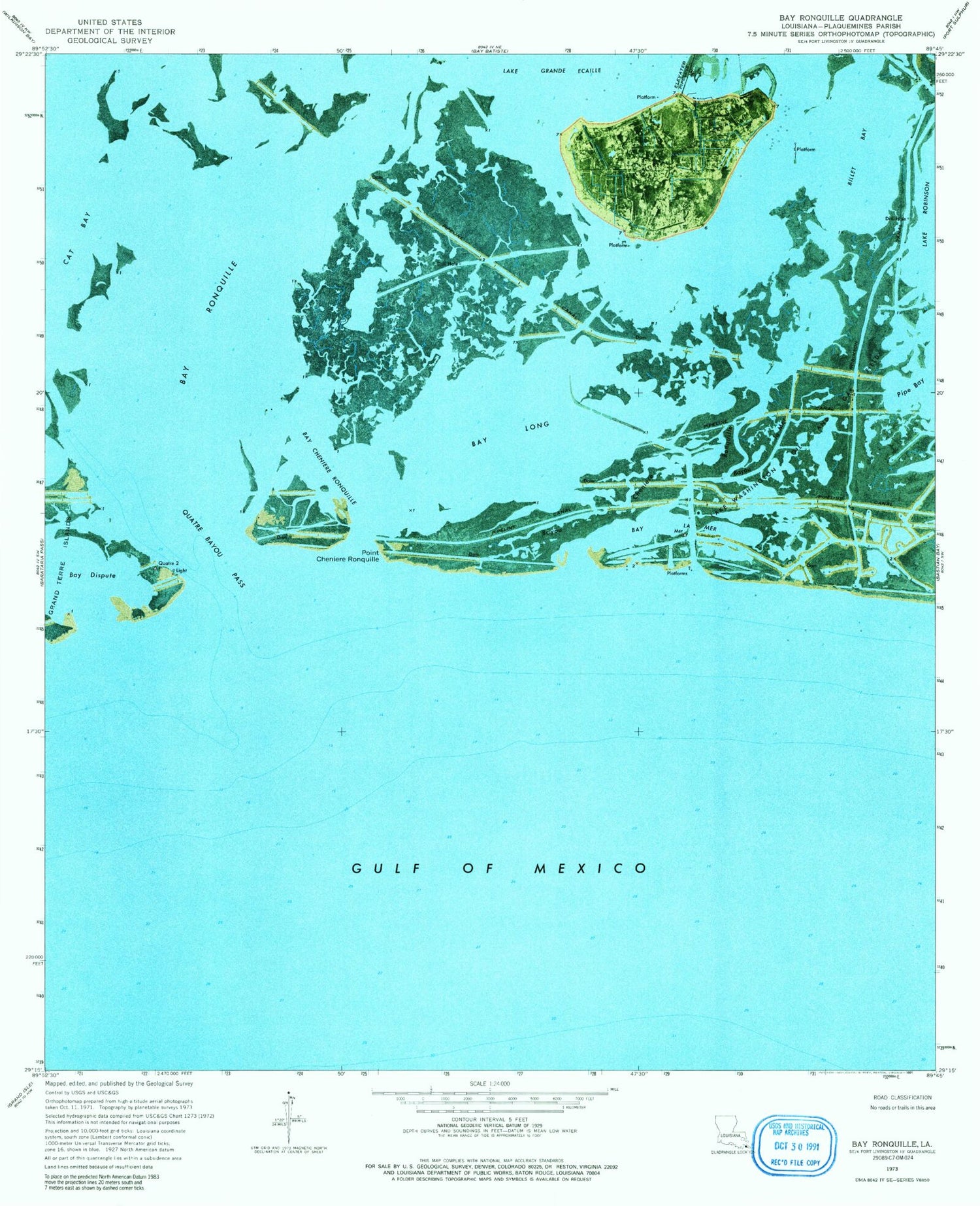 Classic USGS Bay Ronquille Louisiana 7.5'x7.5' Topo Map Image