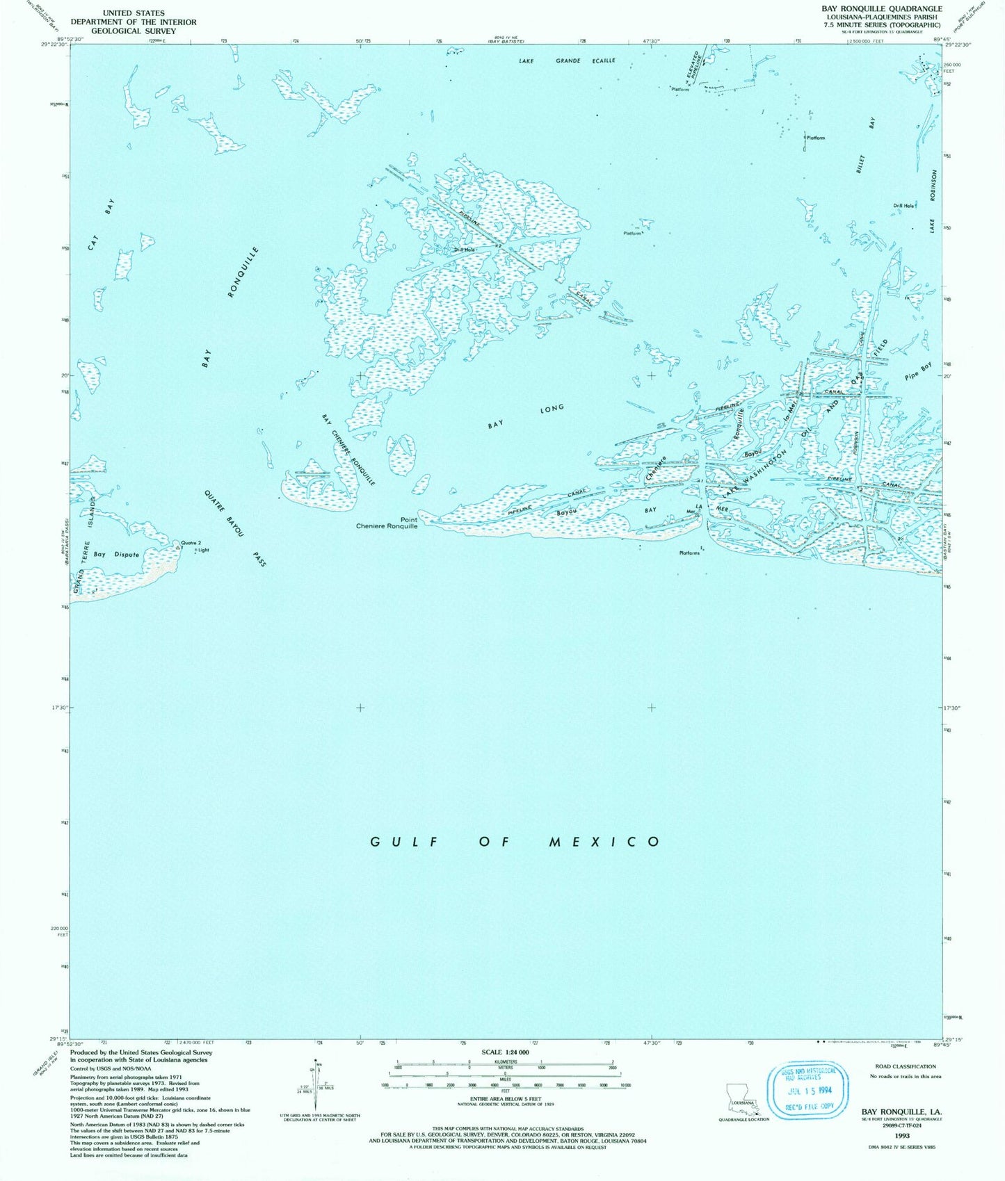 Classic USGS Bay Ronquille Louisiana 7.5'x7.5' Topo Map Image