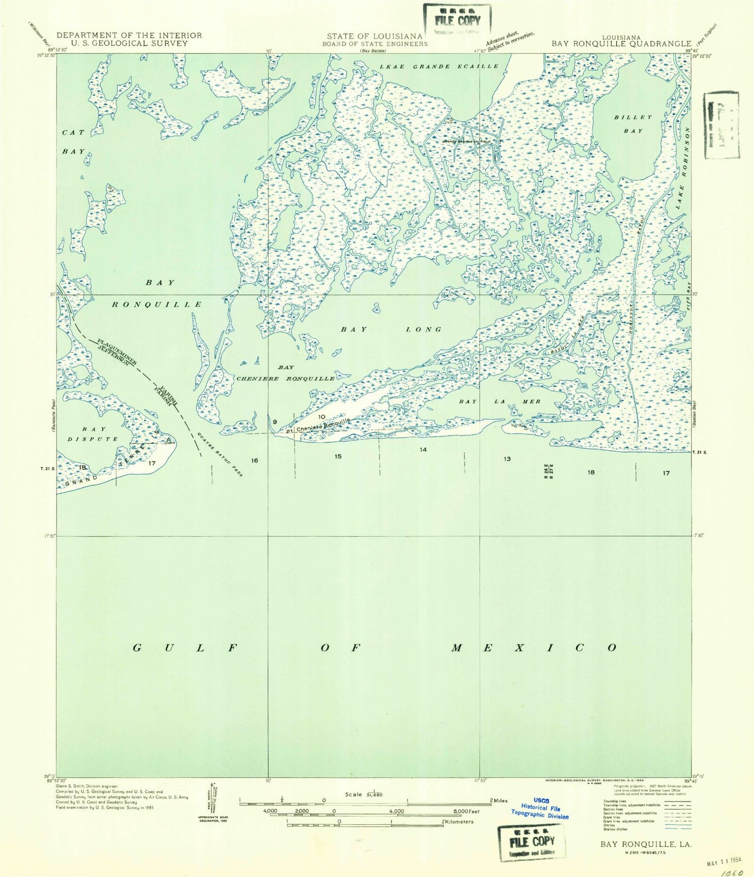Classic USGS Bay Ronquille Louisiana 7.5'x7.5' Topo Map Image
