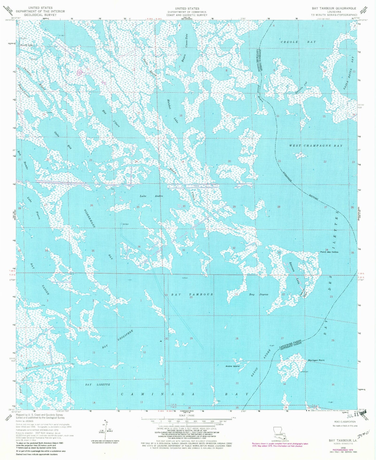 Classic USGS Bay Tambour Louisiana 7.5'x7.5' Topo Map Image