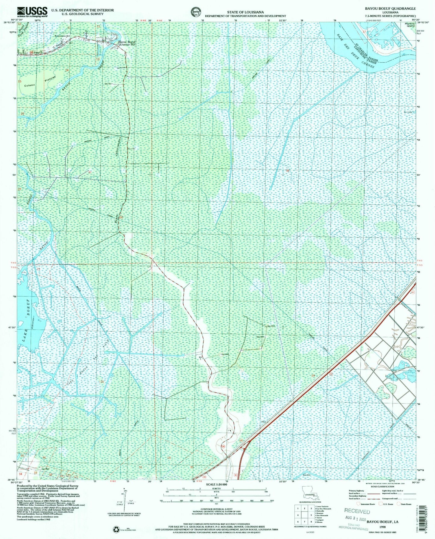 Classic USGS Bayou Boeuf Louisiana 7.5'x7.5' Topo Map Image