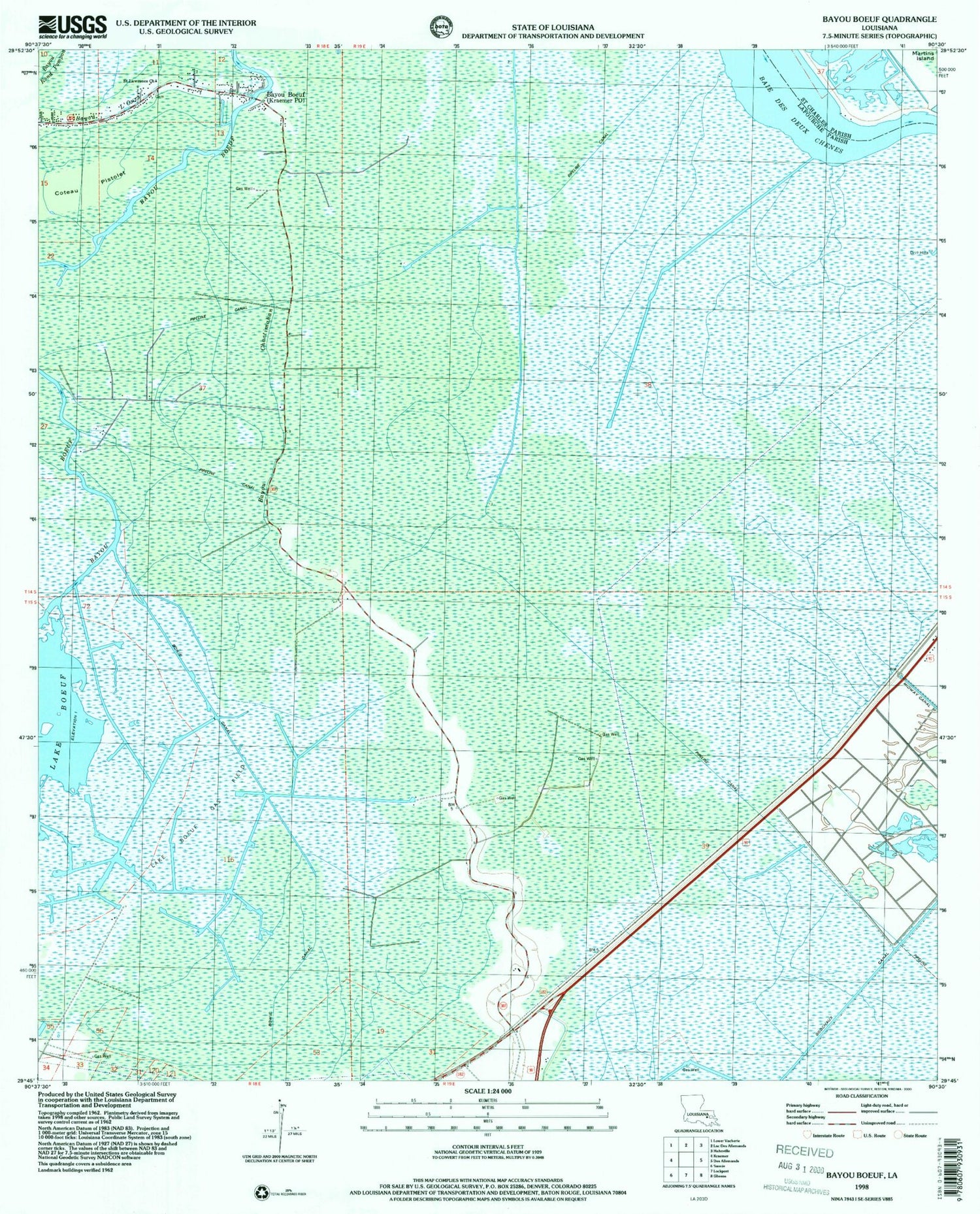 Classic USGS Bayou Boeuf Louisiana 7.5'x7.5' Topo Map Image