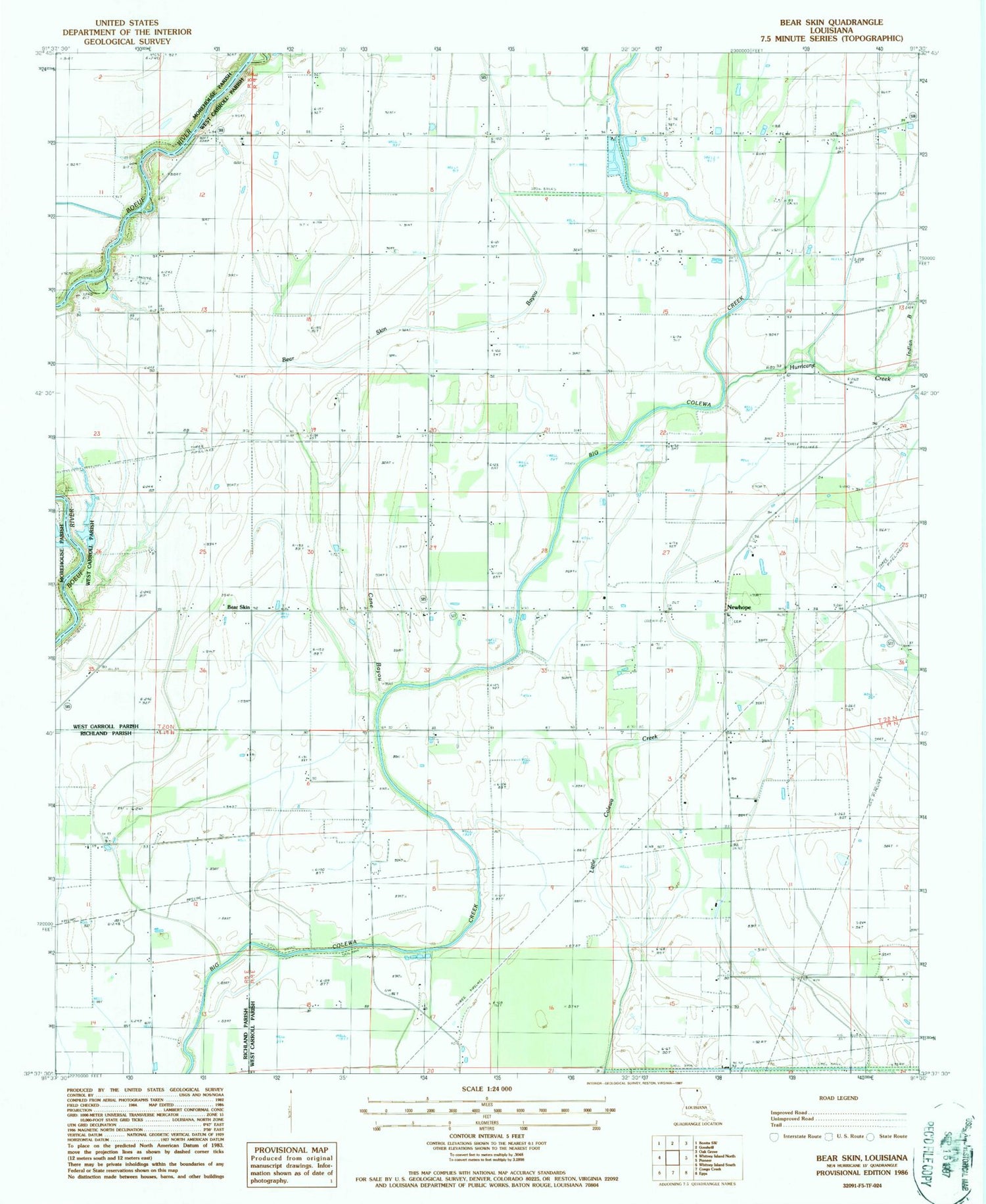 Classic USGS Bear Skin Louisiana 7.5'x7.5' Topo Map Image