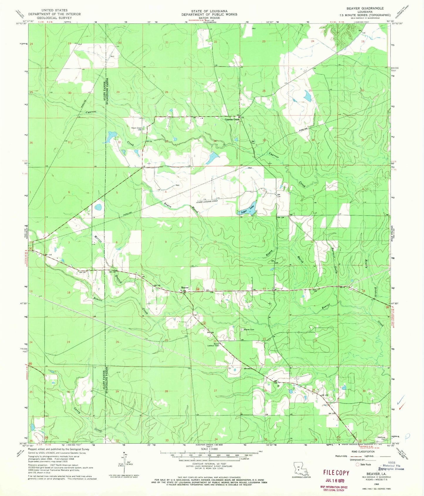 Classic USGS Beaver Louisiana 7.5'x7.5' Topo Map Image