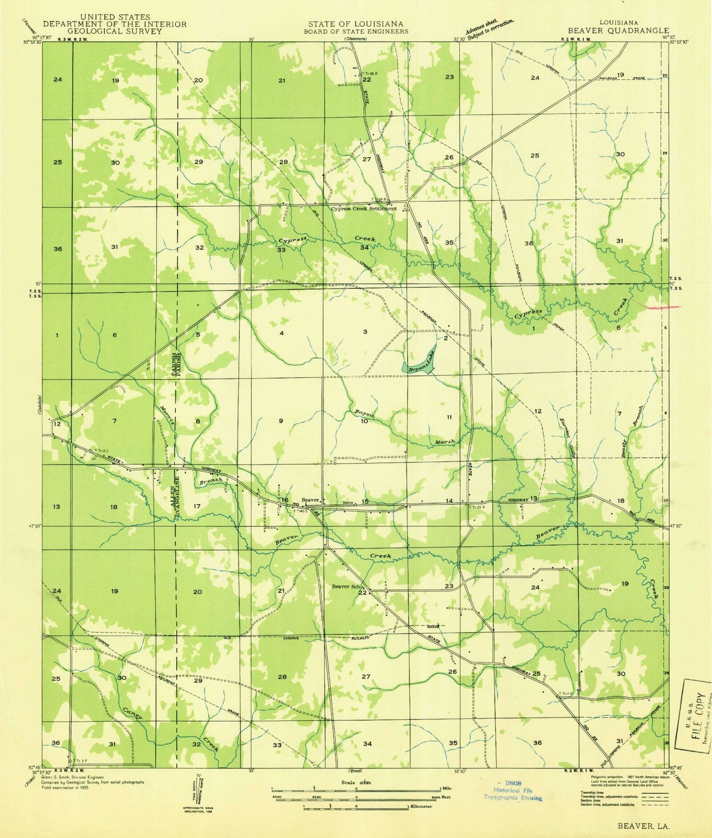 Classic USGS Beaver Louisiana 7.5'x7.5' Topo Map Image