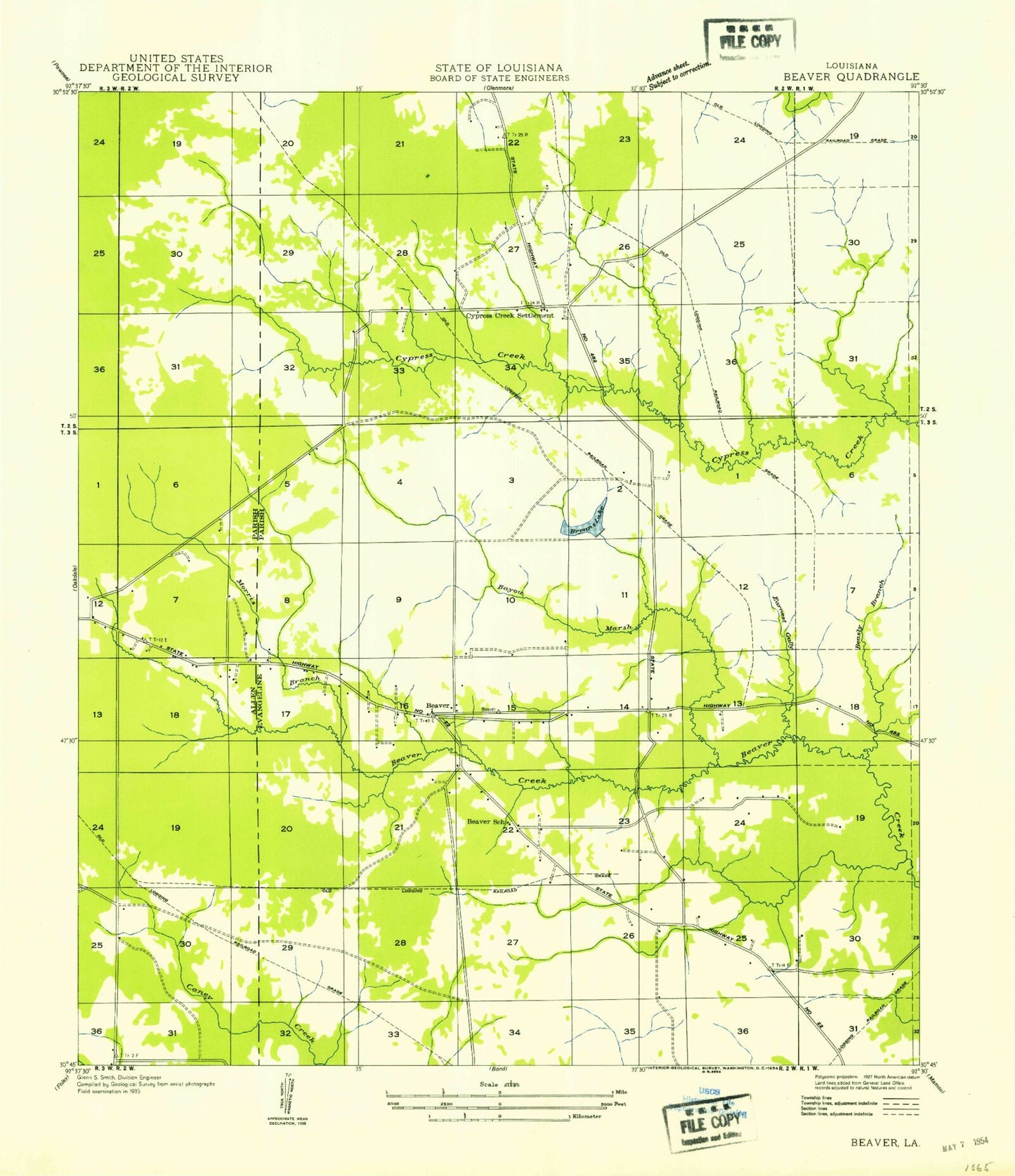 Classic USGS Beaver Louisiana 7.5'x7.5' Topo Map Image