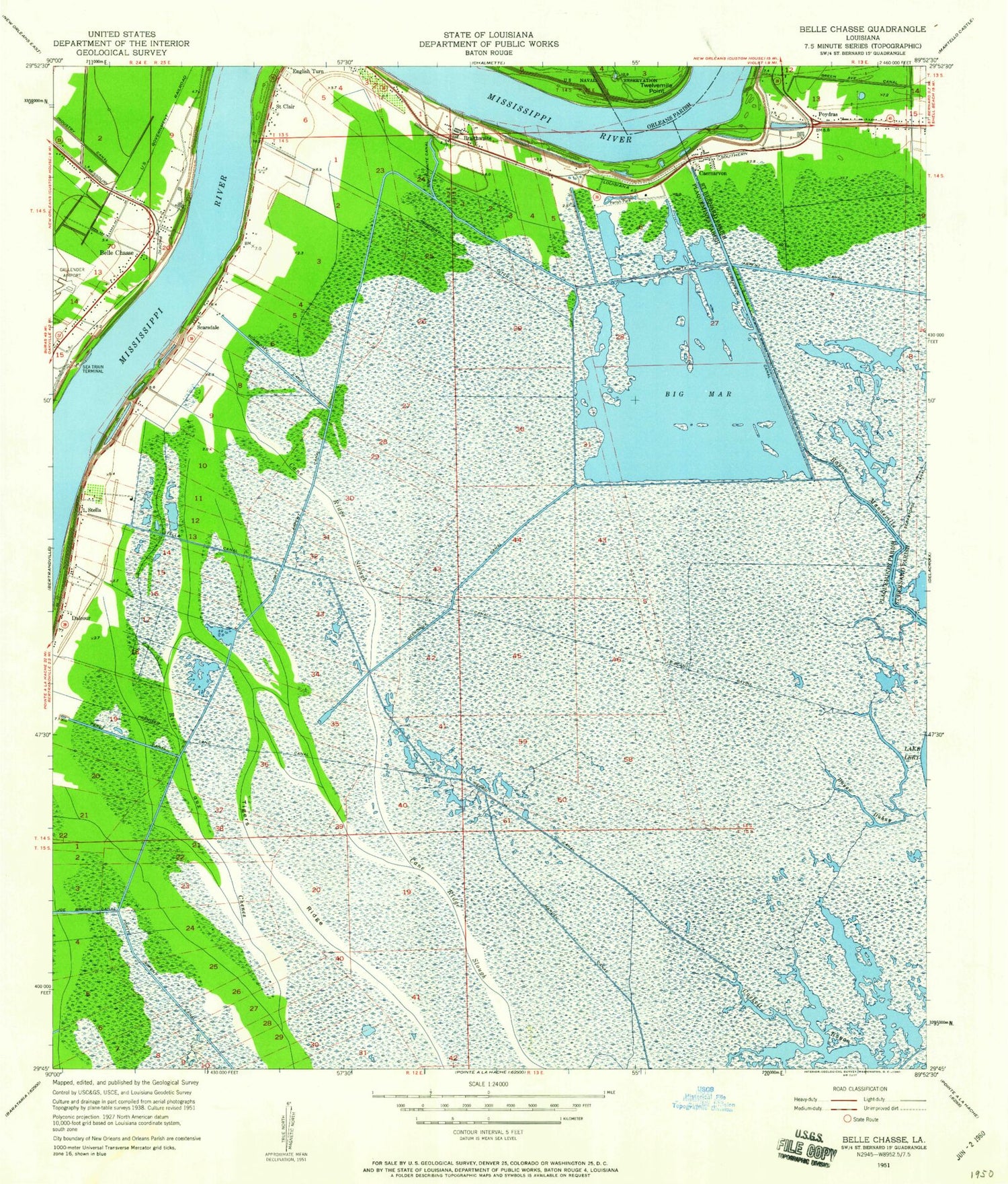 Classic USGS Belle Chasse Louisiana 7.5'x7.5' Topo Map Image