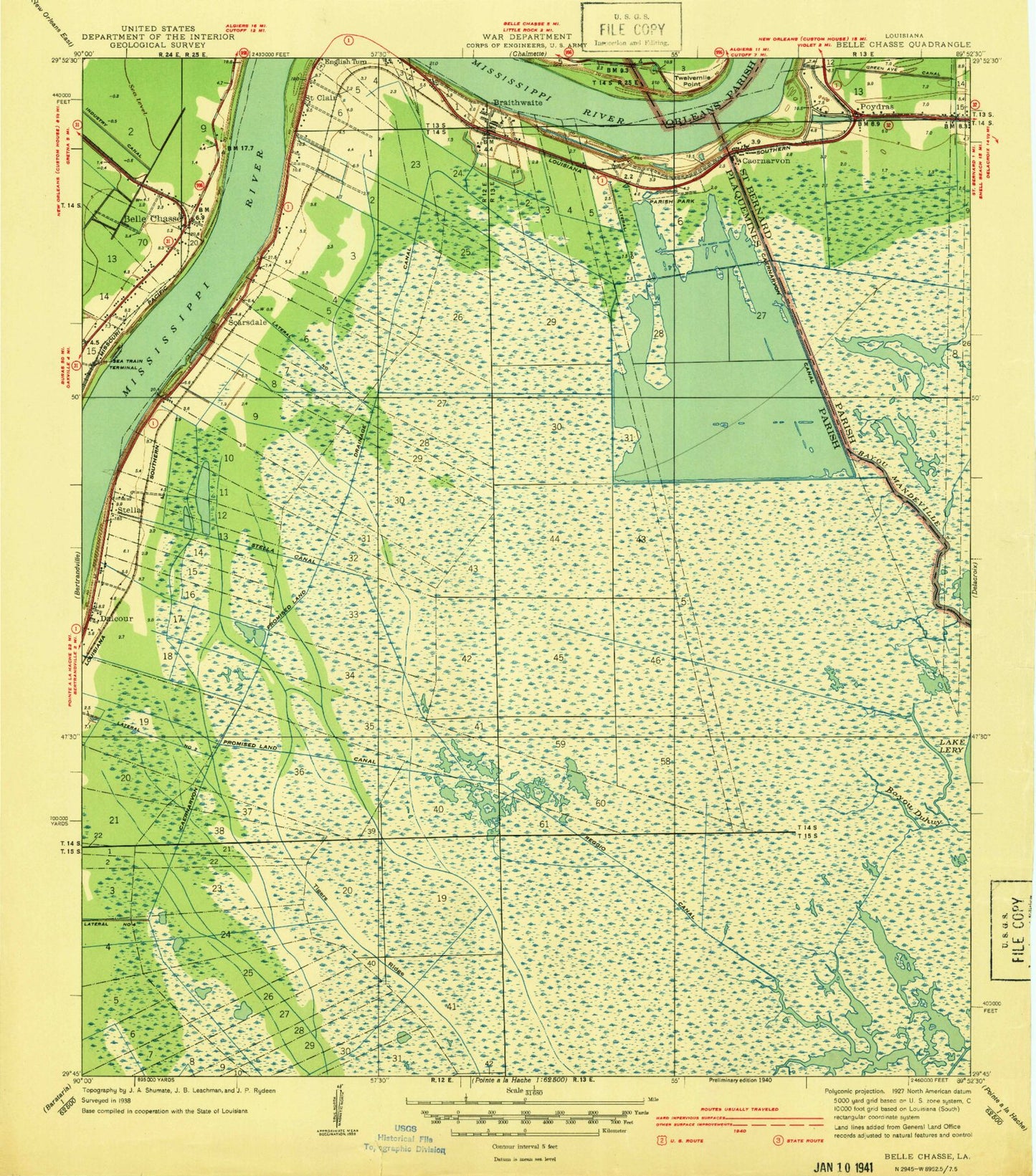 Classic USGS Belle Chasse Louisiana 7.5'x7.5' Topo Map Image