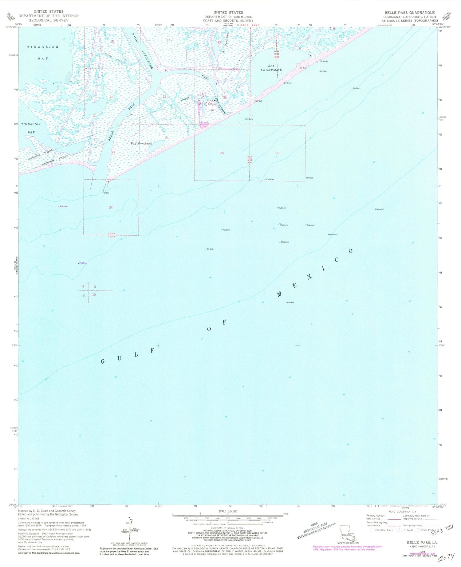 Classic USGS Belle Pass Louisiana 7.5'x7.5' Topo Map Image
