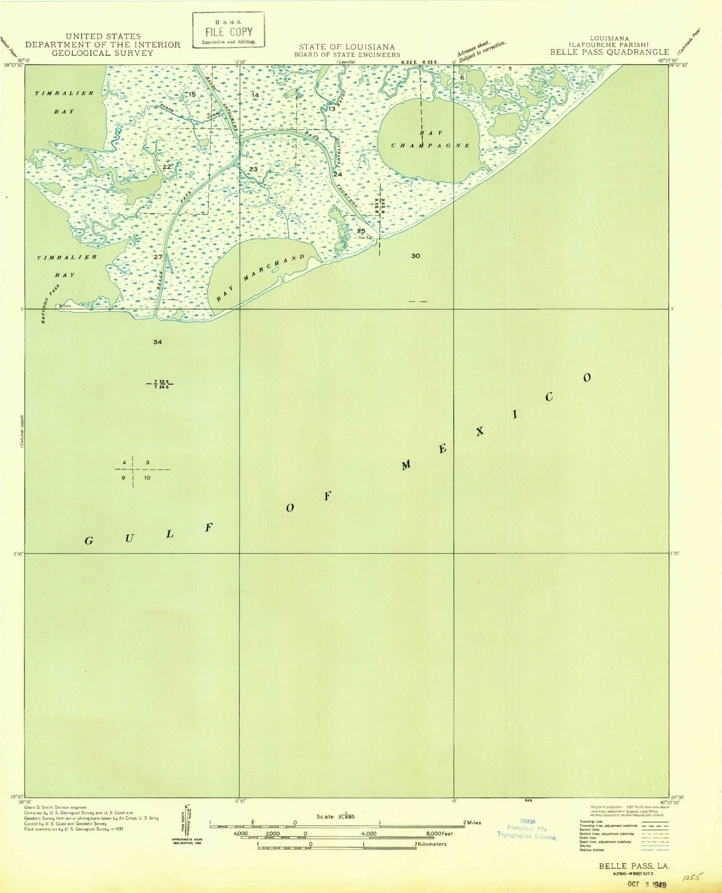 Classic USGS Belle Pass Louisiana 7.5'x7.5' Topo Map Image