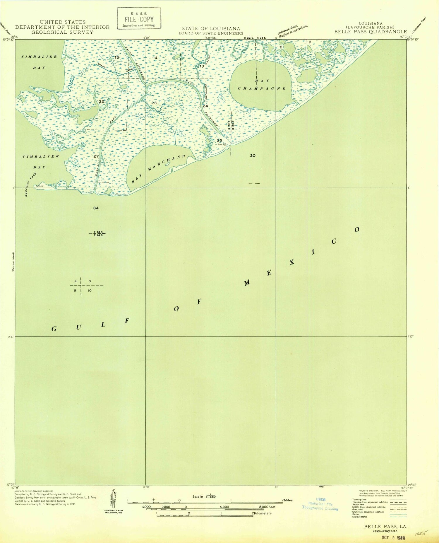 Classic USGS Belle Pass Louisiana 7.5'x7.5' Topo Map Image