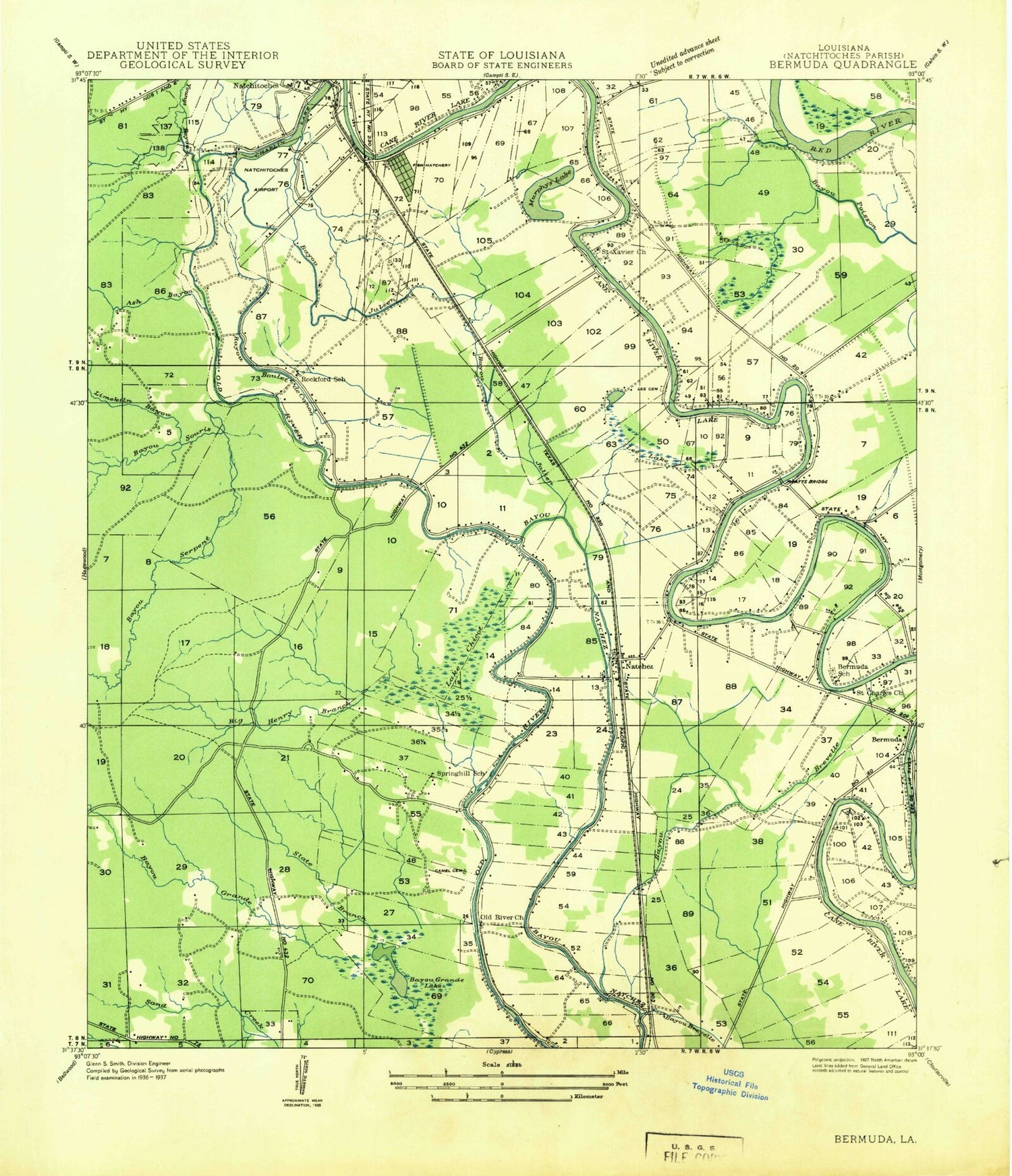 Classic USGS Natchitoches South Louisiana 7.5'x7.5' Topo Map Image