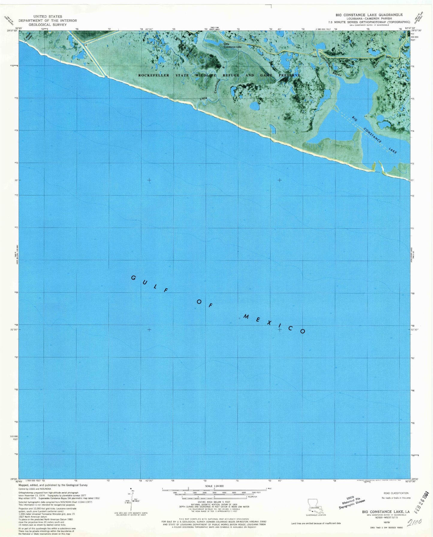 Classic USGS Big Constance Lake Louisiana 7.5'x7.5' Topo Map Image