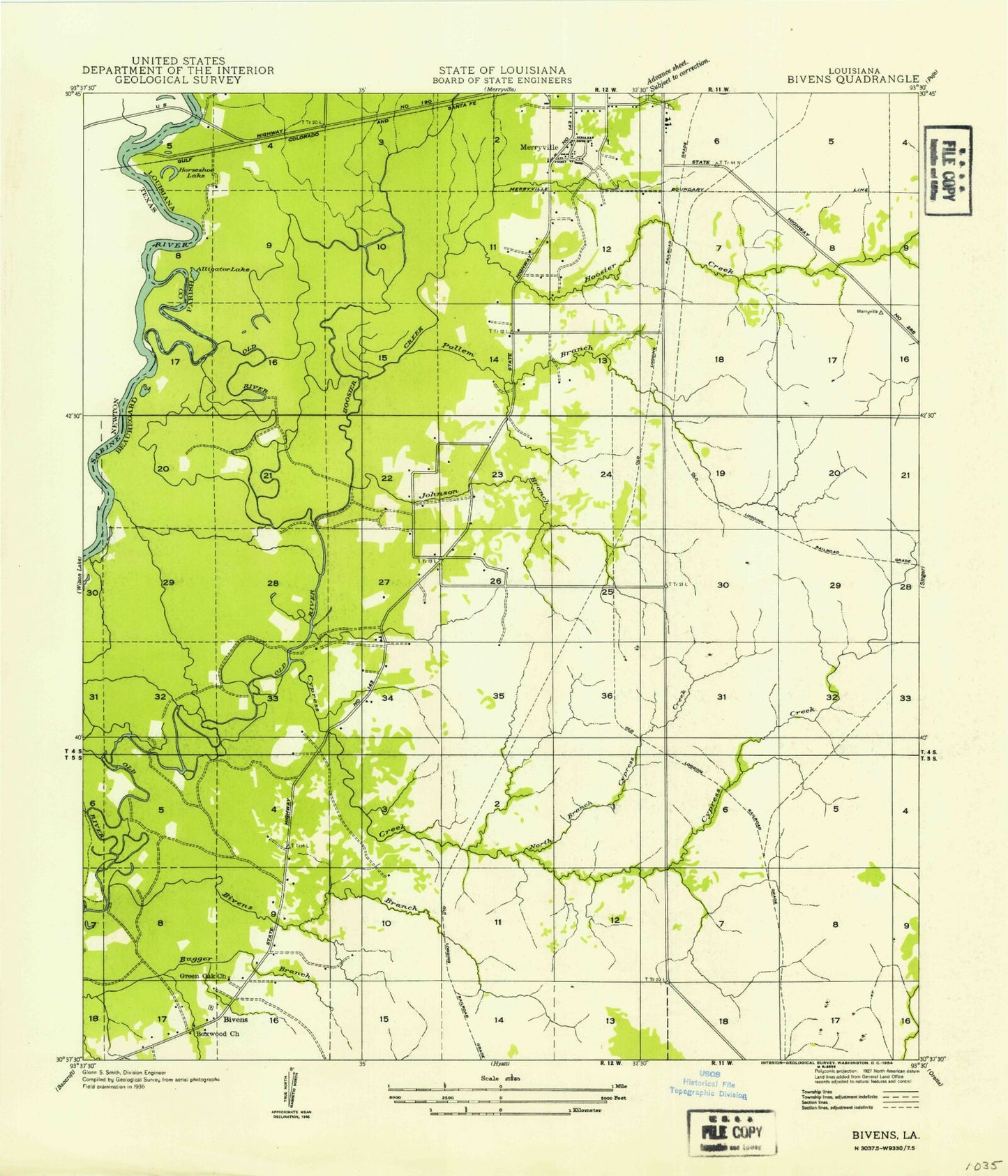 Classic USGS Merryville South Louisiana 7.5'x7.5' Topo Map Image