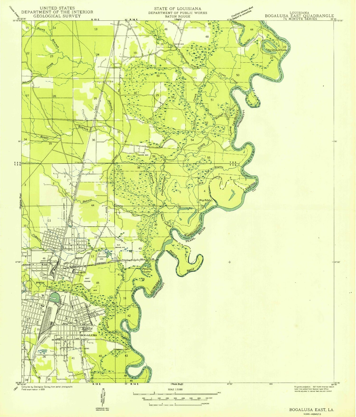 Classic USGS Bogalusa East Louisiana 7.5'x7.5' Topo Map Image