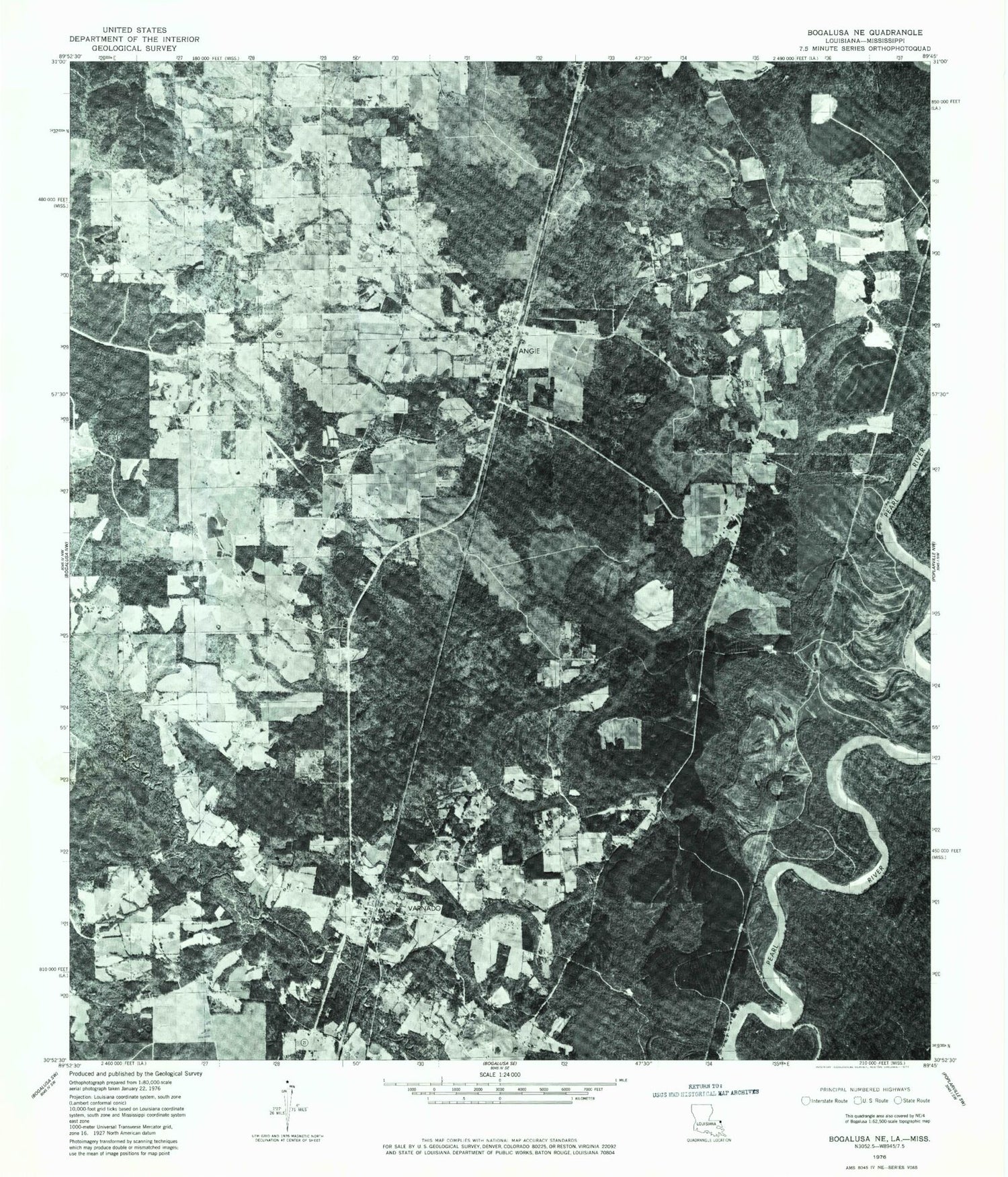 Classic USGS Angie Louisiana 7.5'x7.5' Topo Map Image