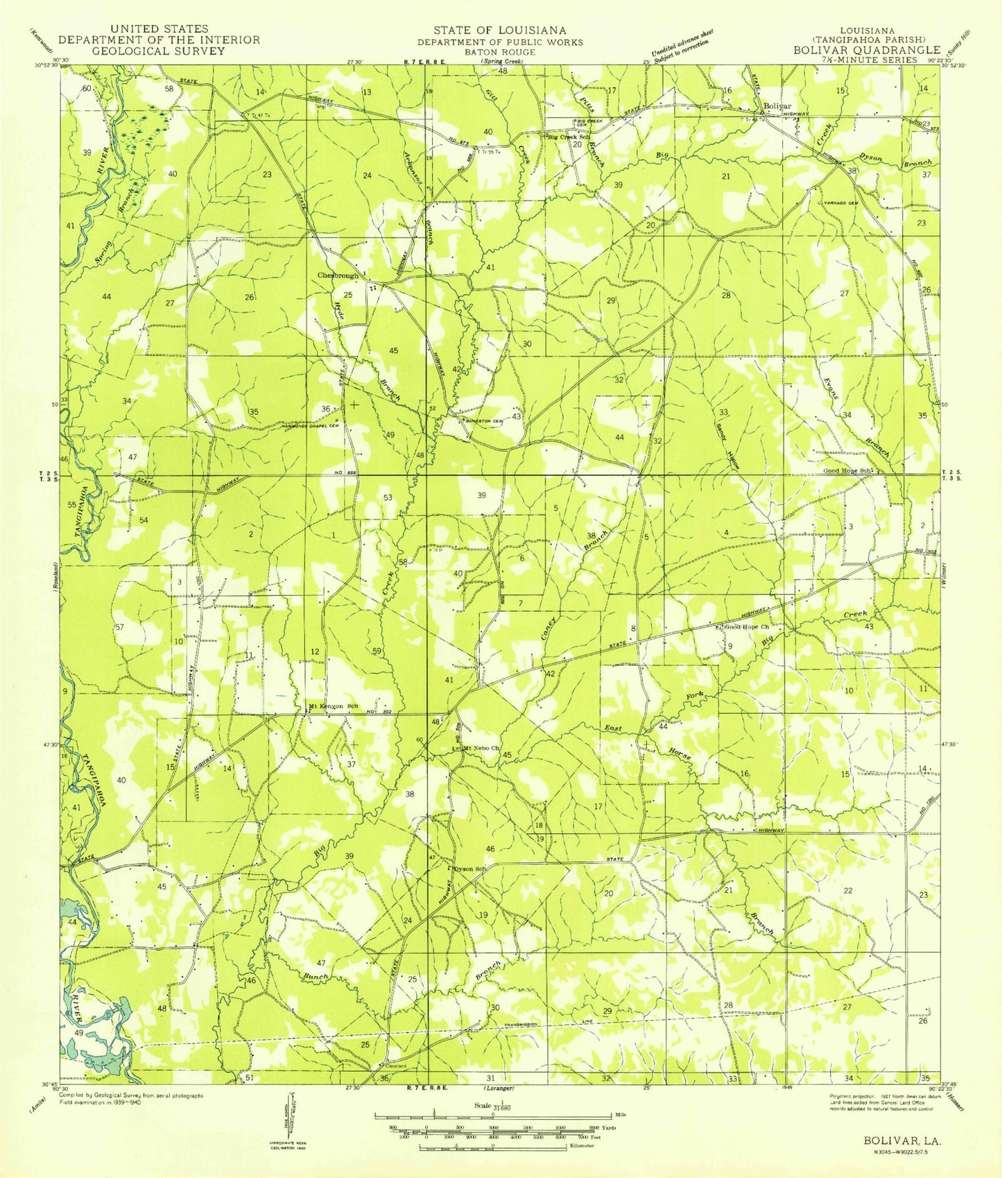 Classic USGS Chesbrough Louisiana 7.5'x7.5' Topo Map Image