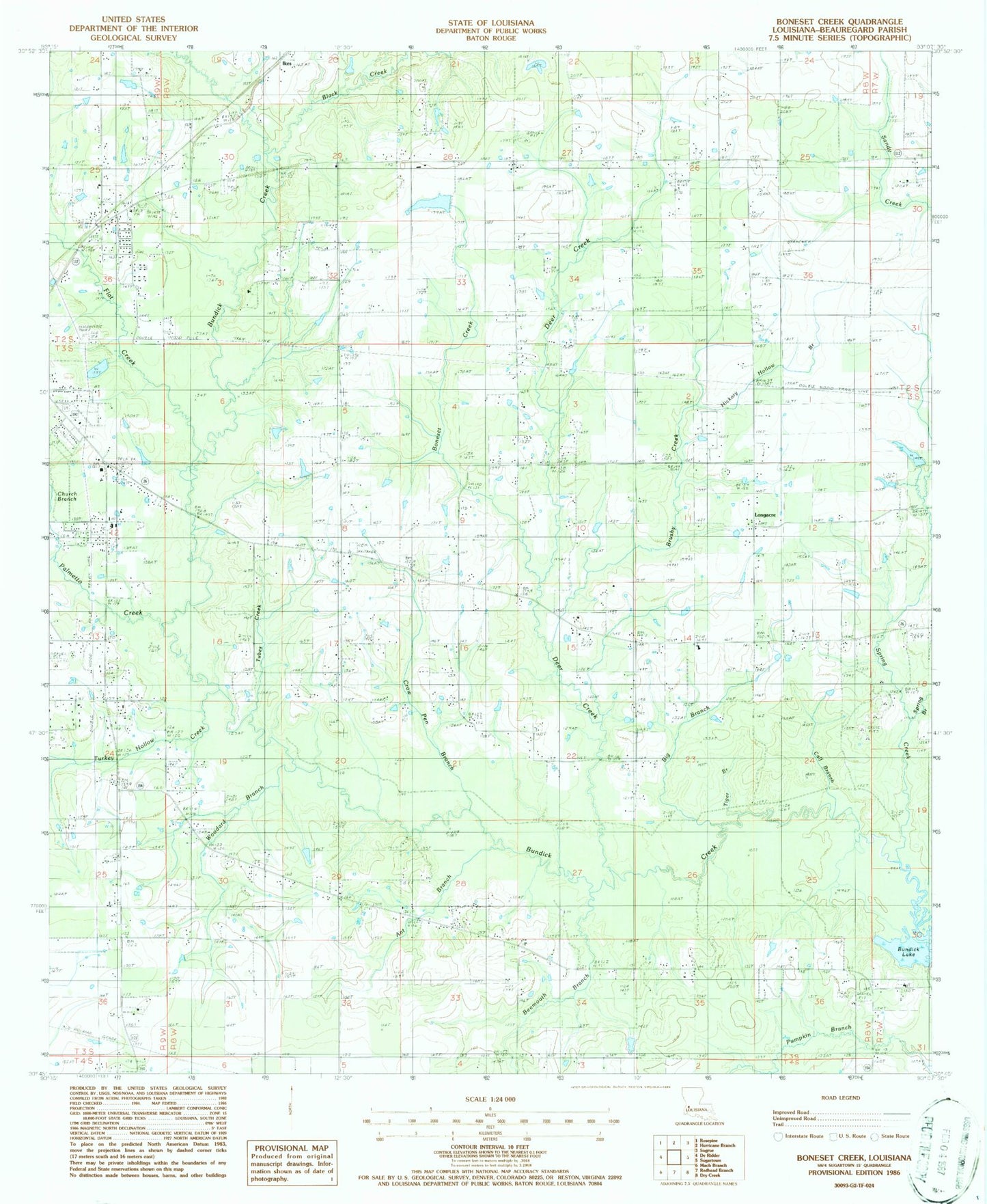 Classic USGS Boneset Creek Louisiana 7.5'x7.5' Topo Map Image
