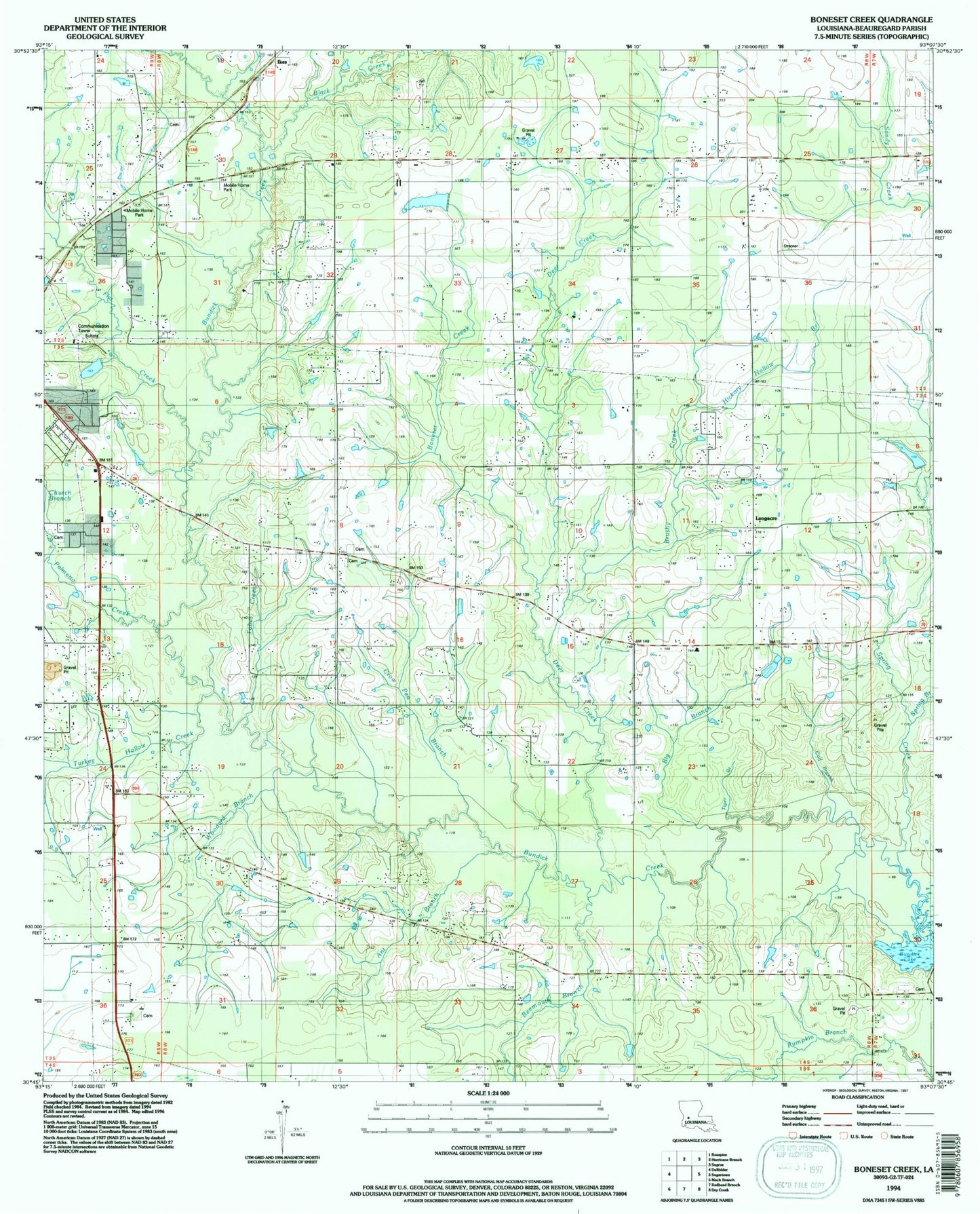 Classic USGS Boneset Creek Louisiana 7.5'x7.5' Topo Map Image