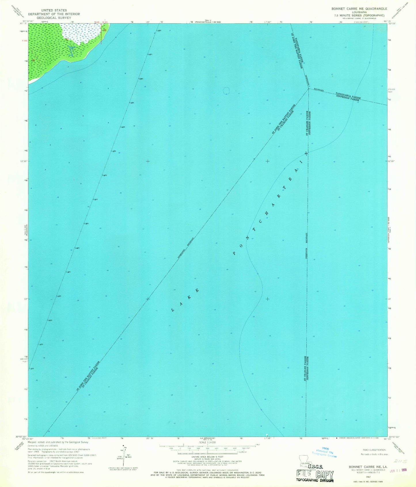 Classic USGS Bonnett Carre NE Louisiana 7.5'x7.5' Topo Map Image