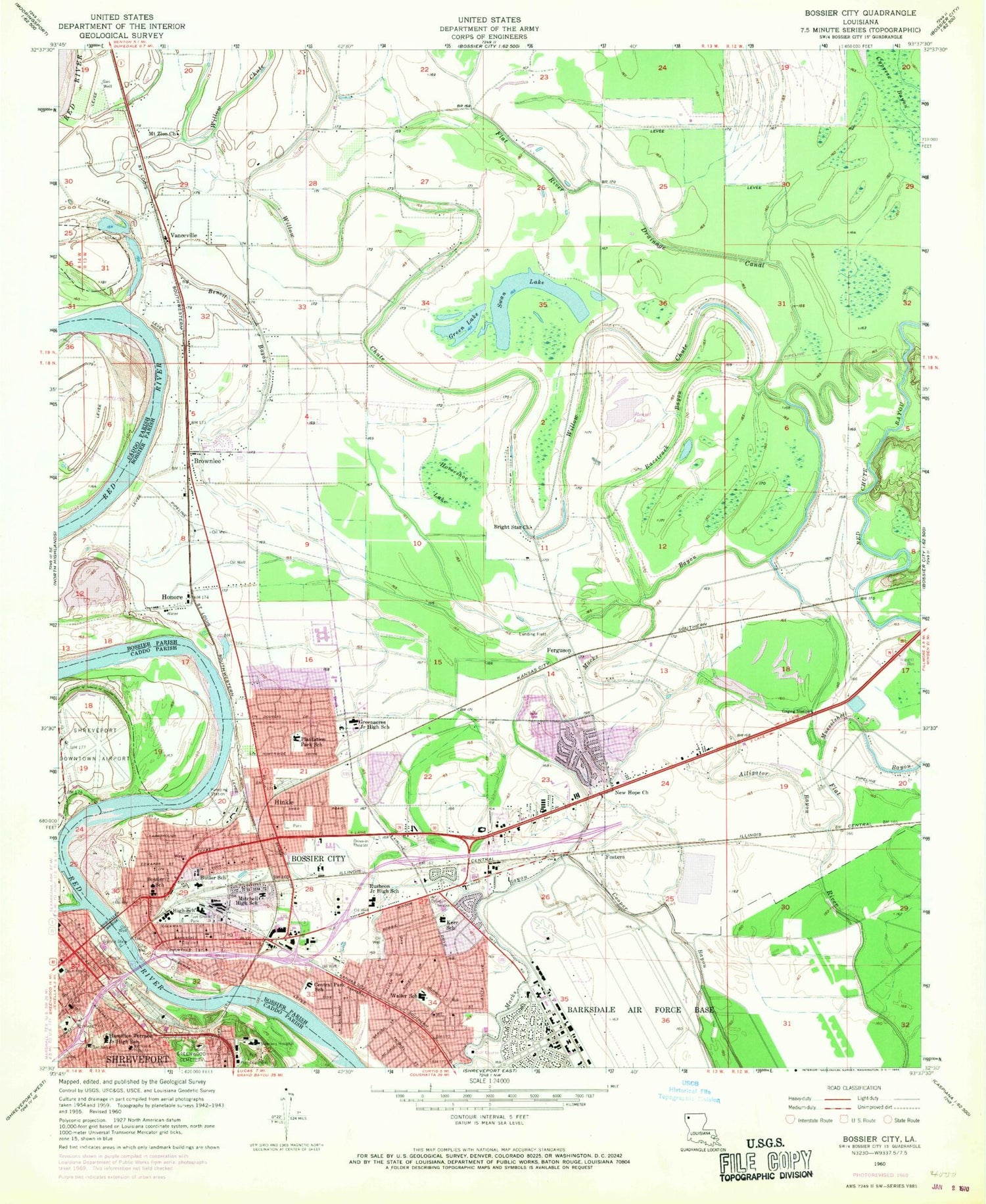 Classic USGS Bossier City Louisiana 7.5'x7.5' Topo Map Image