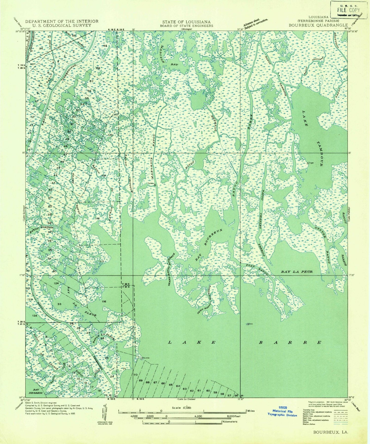 Classic USGS Lake Tambour Louisiana 7.5'x7.5' Topo Map Image