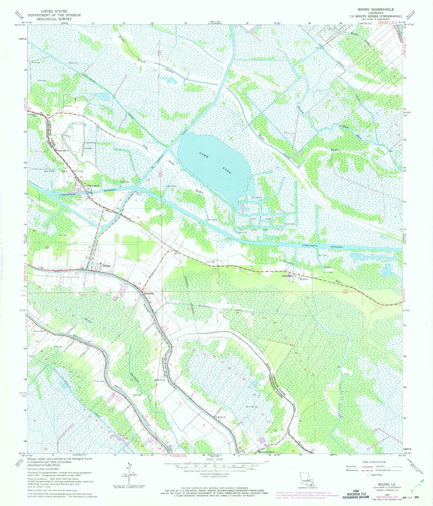 Classic USGS Bourg Louisiana 7.5'x7.5' Topo Map Image