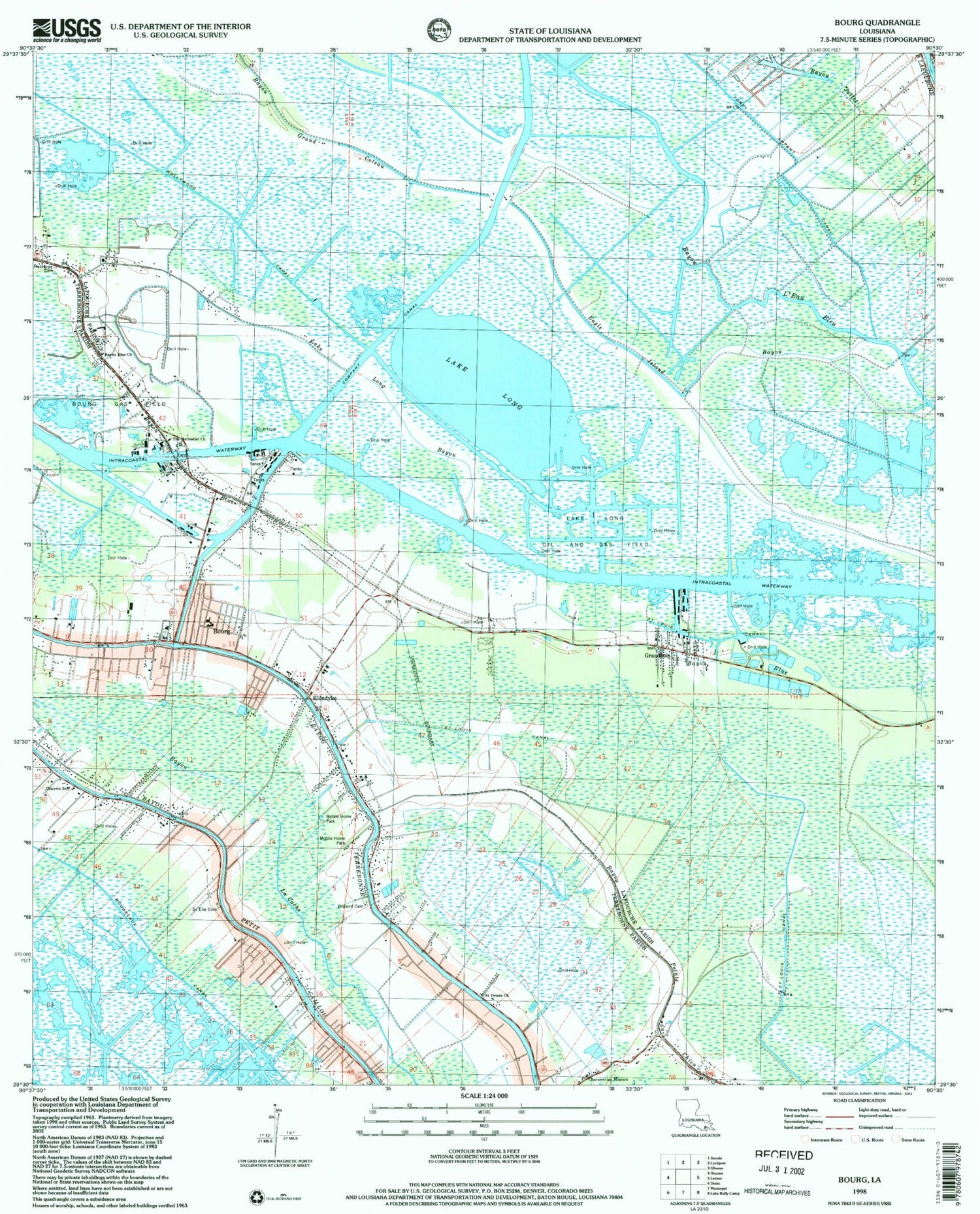 Classic USGS Bourg Louisiana 7.5'x7.5' Topo Map Image