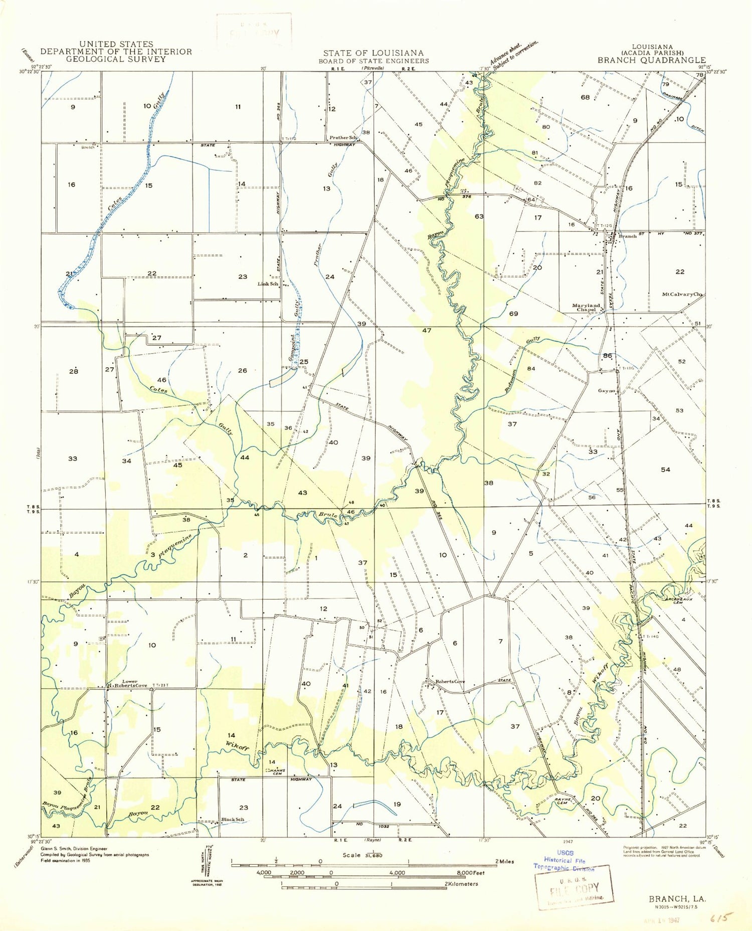 Classic USGS Branch Louisiana 7.5'x7.5' Topo Map Image