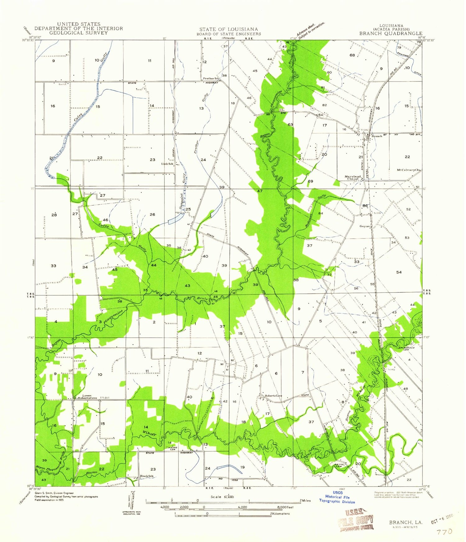 Classic USGS Branch Louisiana 7.5'x7.5' Topo Map Image